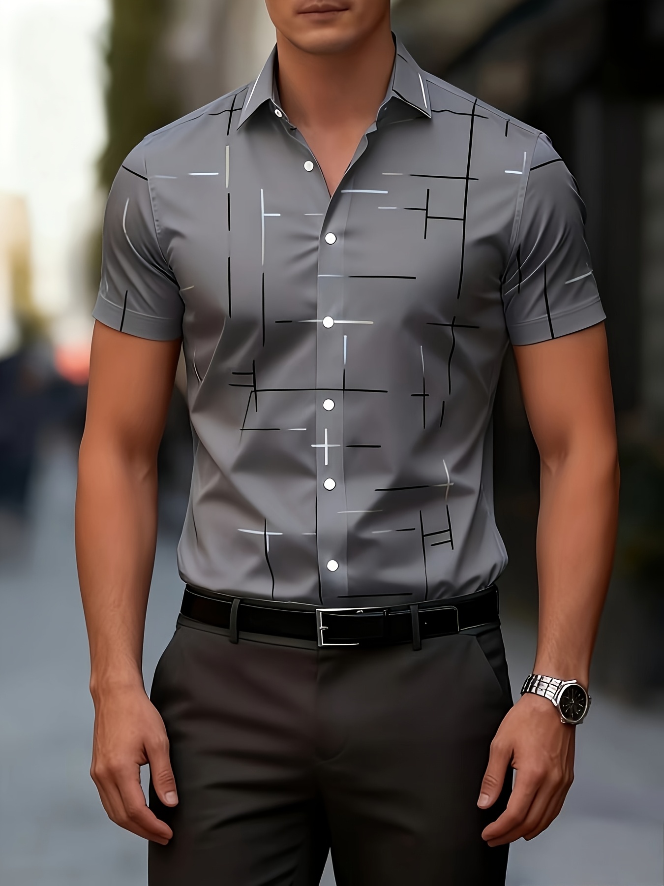 Grey Abstract Print Spread Collar Short-Sleeve Shirt