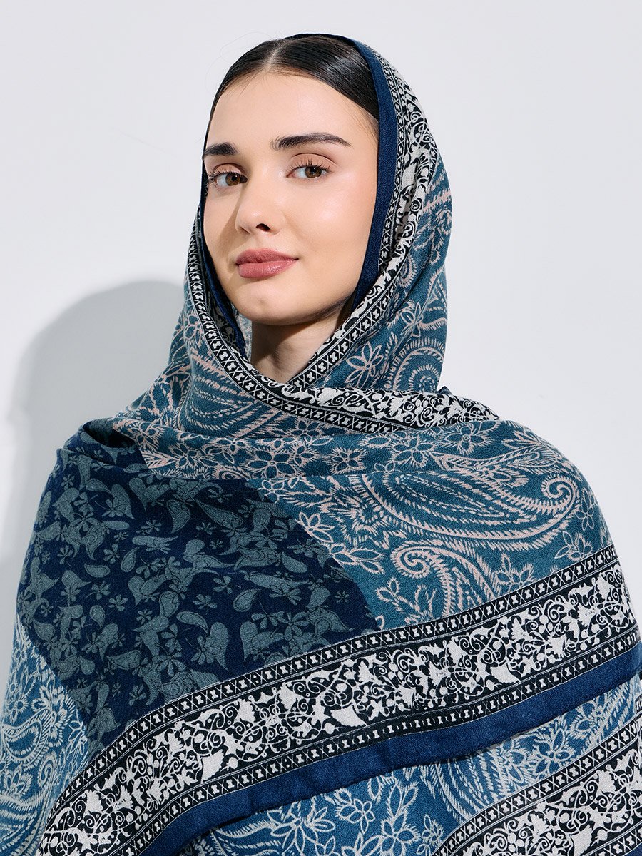 حجاب بطبعة كاملة 85*180 سم أزرق