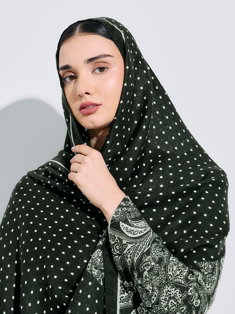 حجاب بطبعة نقاط بولكا 85*180 سم أخضر زيتي