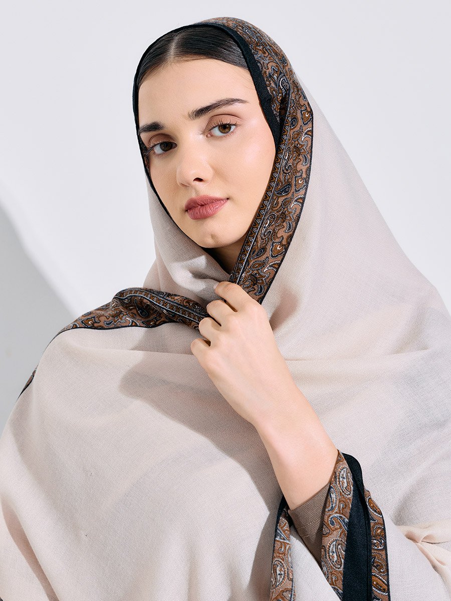 Beige Printed Border Hijab 80x180 cm 