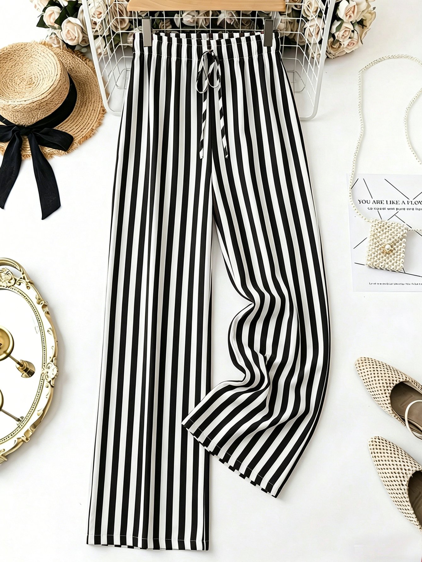 Chic Striped Wide Leg Drawstring Pants