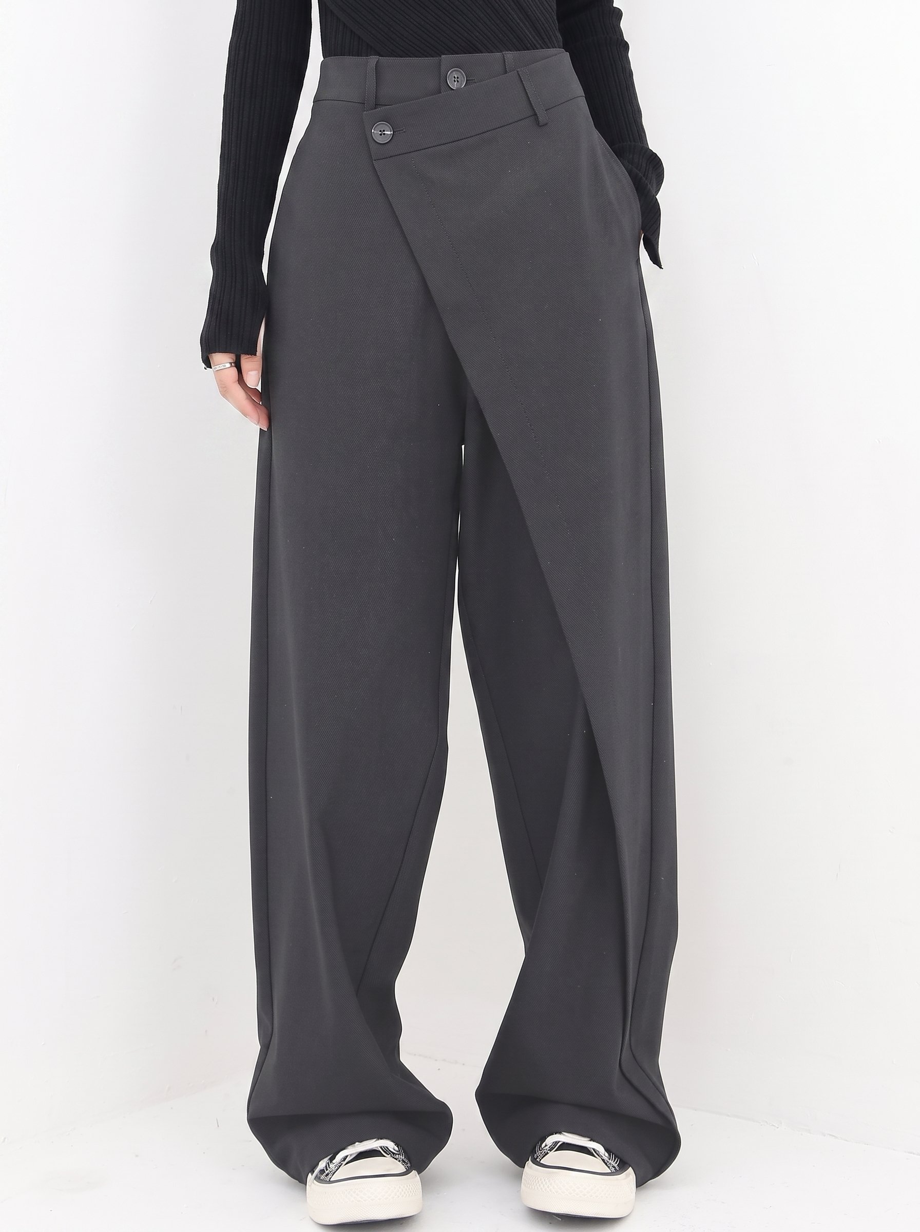Grey Asymmetrical Waist Wide-Leg Trousers