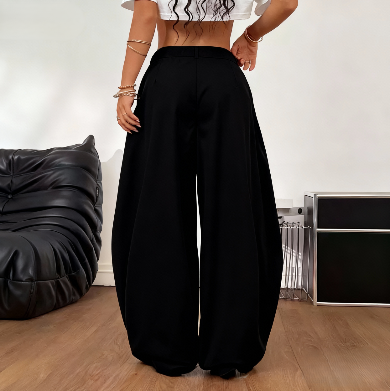 Black Pleated Wide-Leg Trousers