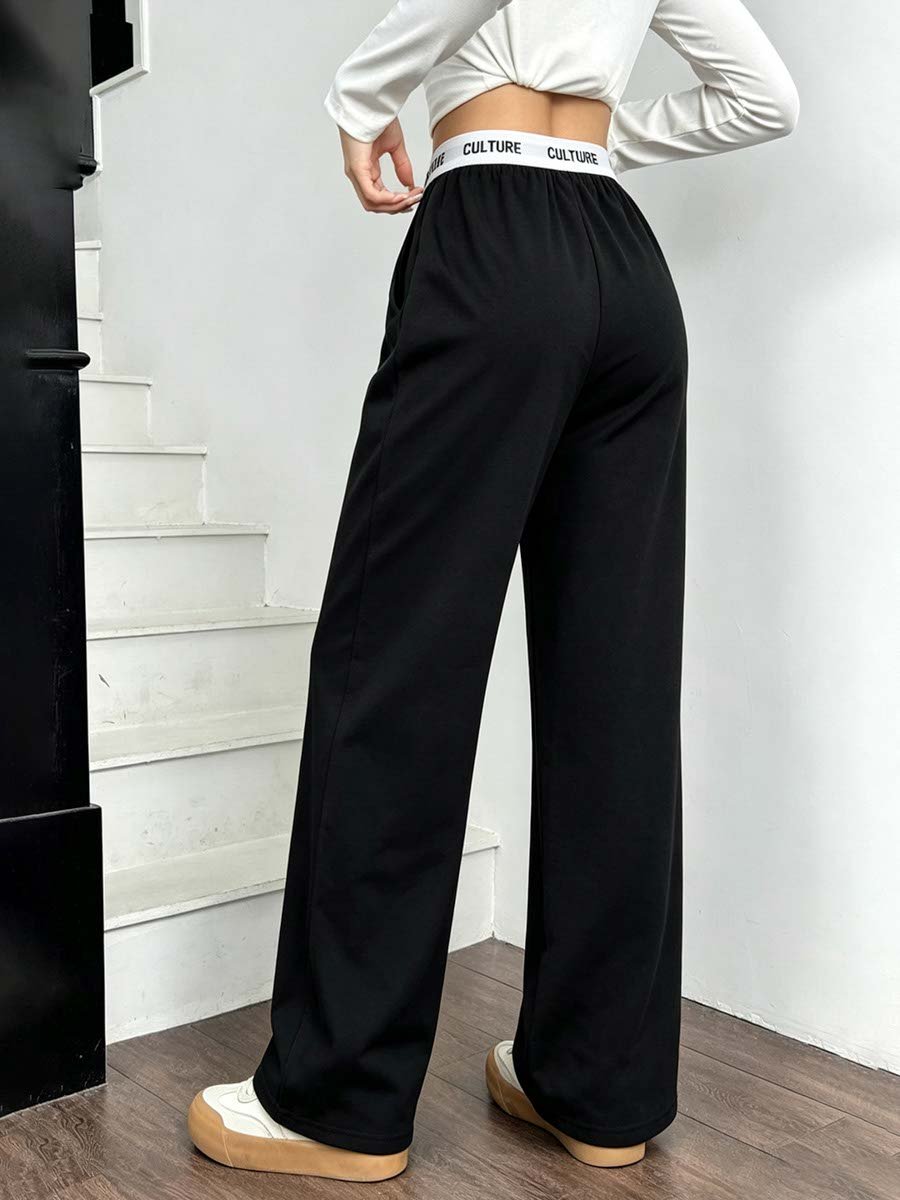 Black Wide Leg Trousers with Culture Waistband Detail