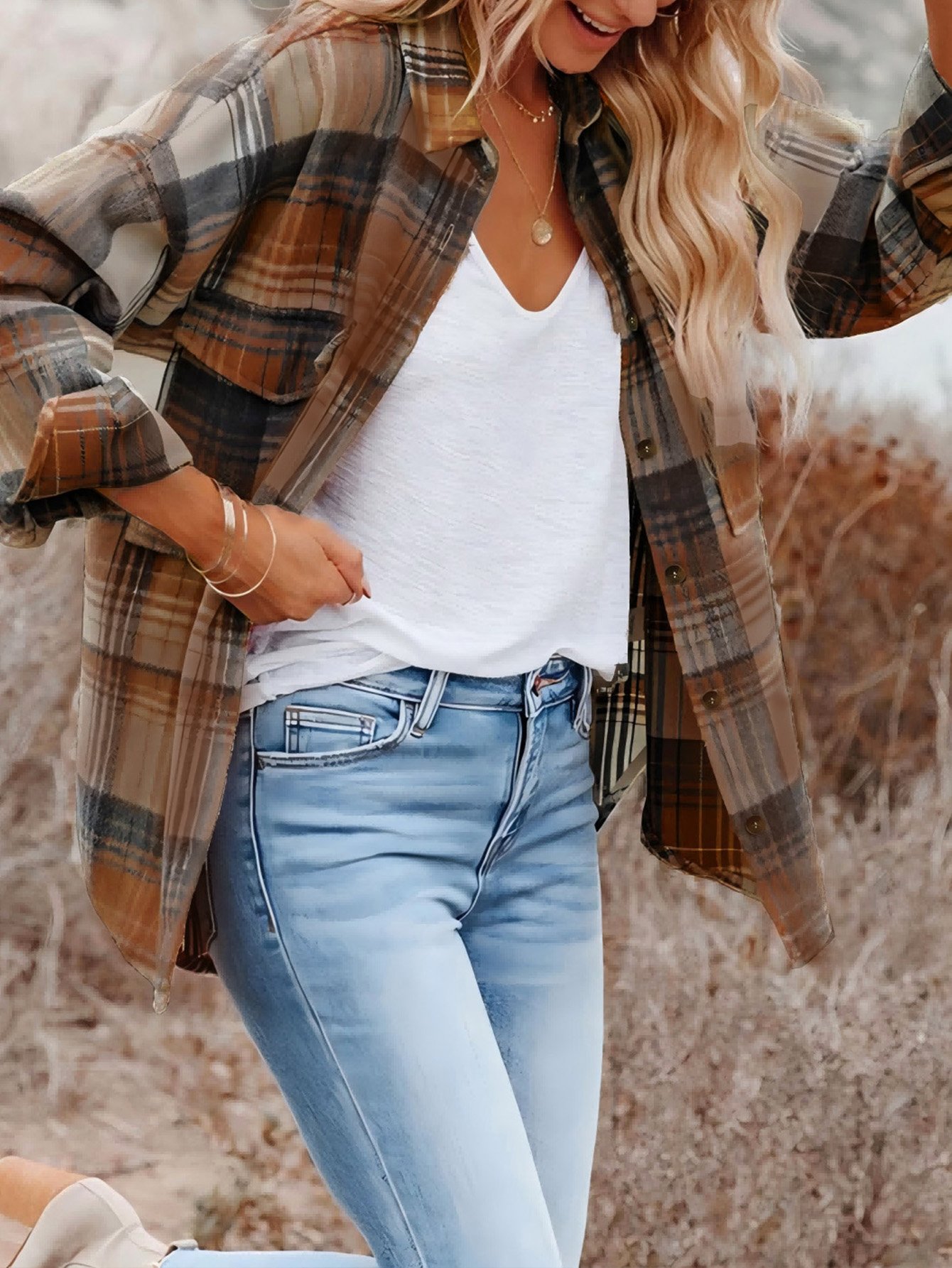 Brown Plaid Long Sleeve Button-Up Shirt