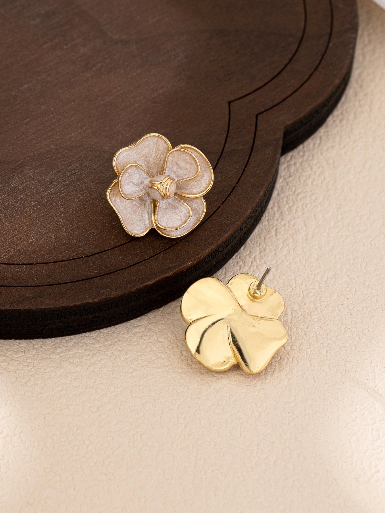 Gold and White Floral Stud Earrings - Casual Wear.