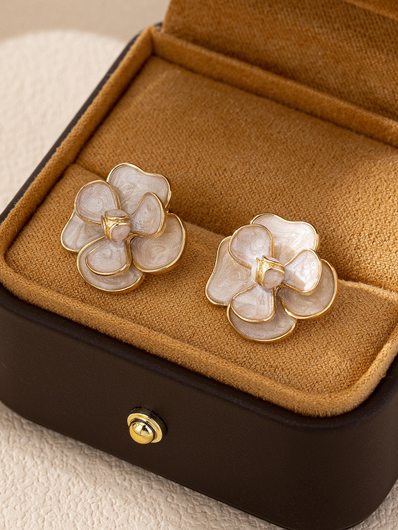 Gold and White Floral Stud Earrings - Casual Wear.