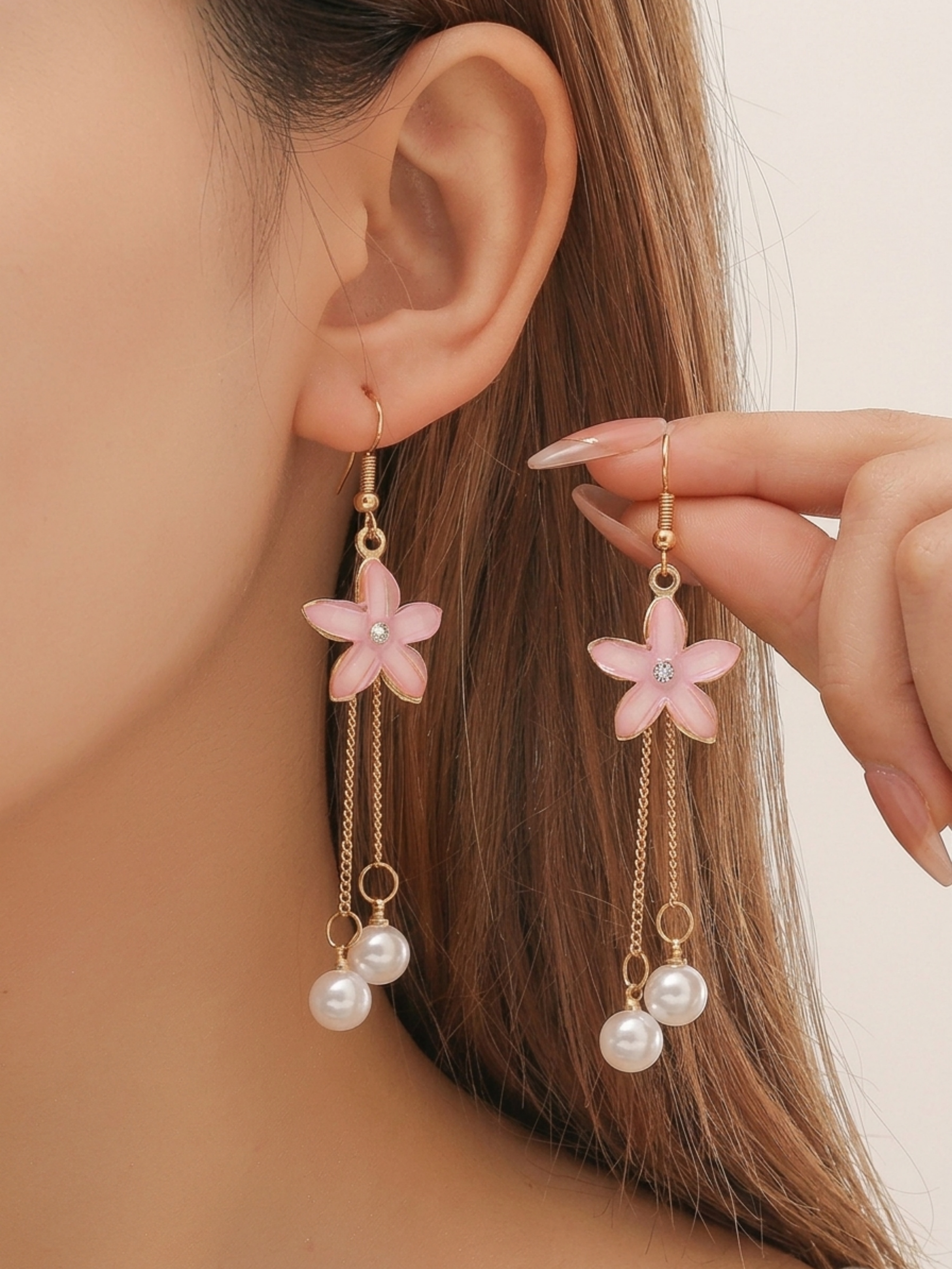 Pink Flower and Pearl Dangle Earrings for Everyday Wear.