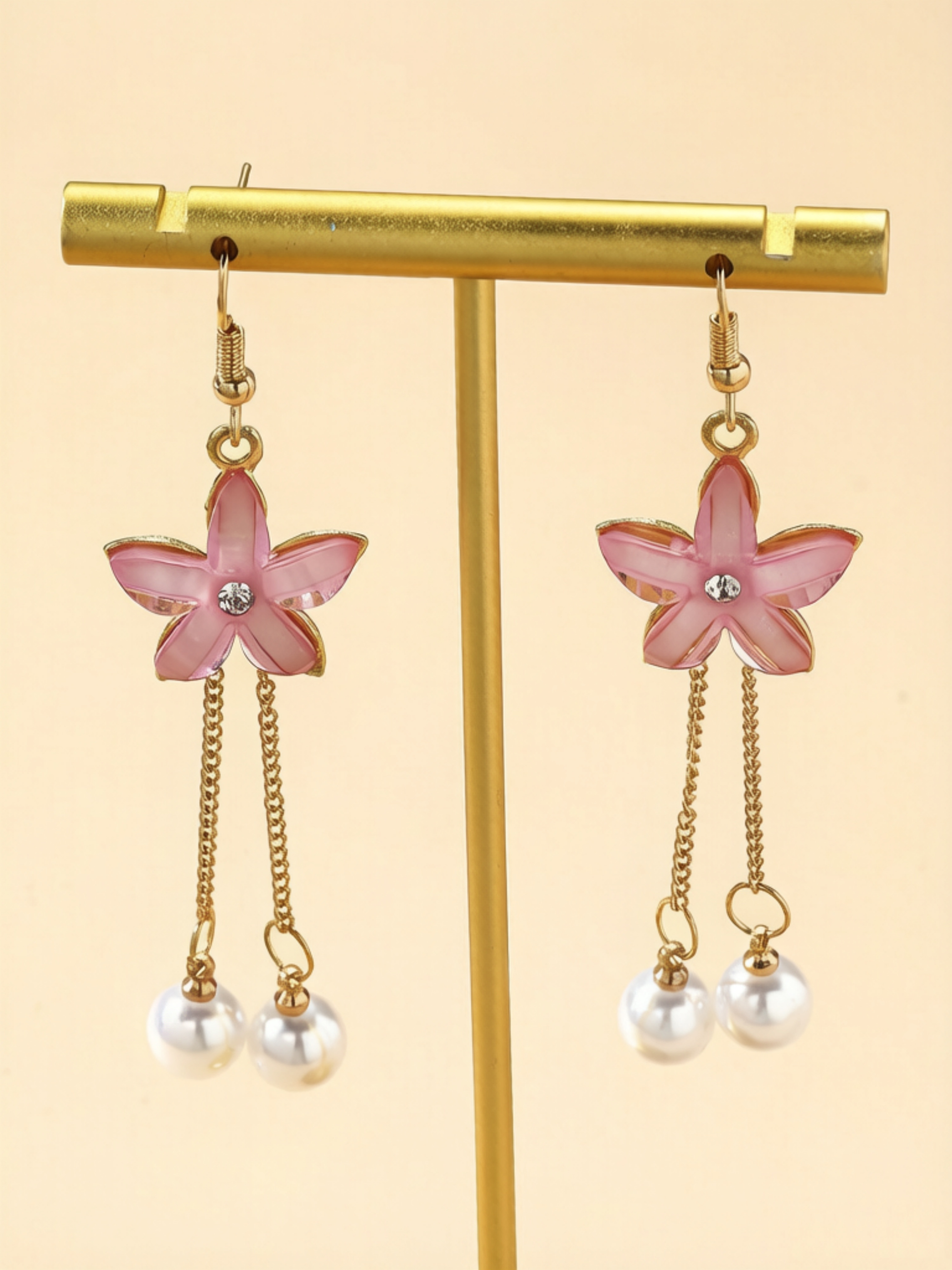 Pink Flower and Pearl Dangle Earrings for Everyday Wear.