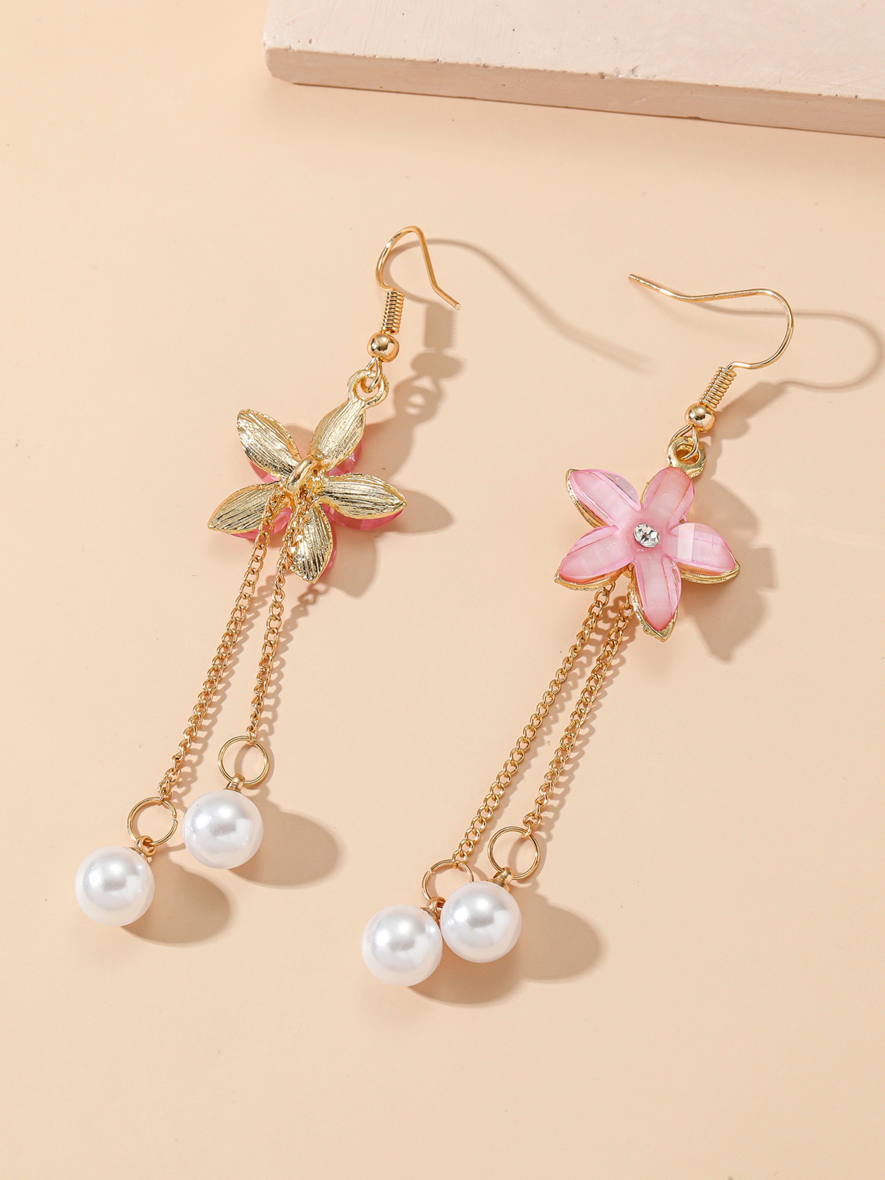 Pink Flower and Pearl Dangle Earrings for Everyday Wear.