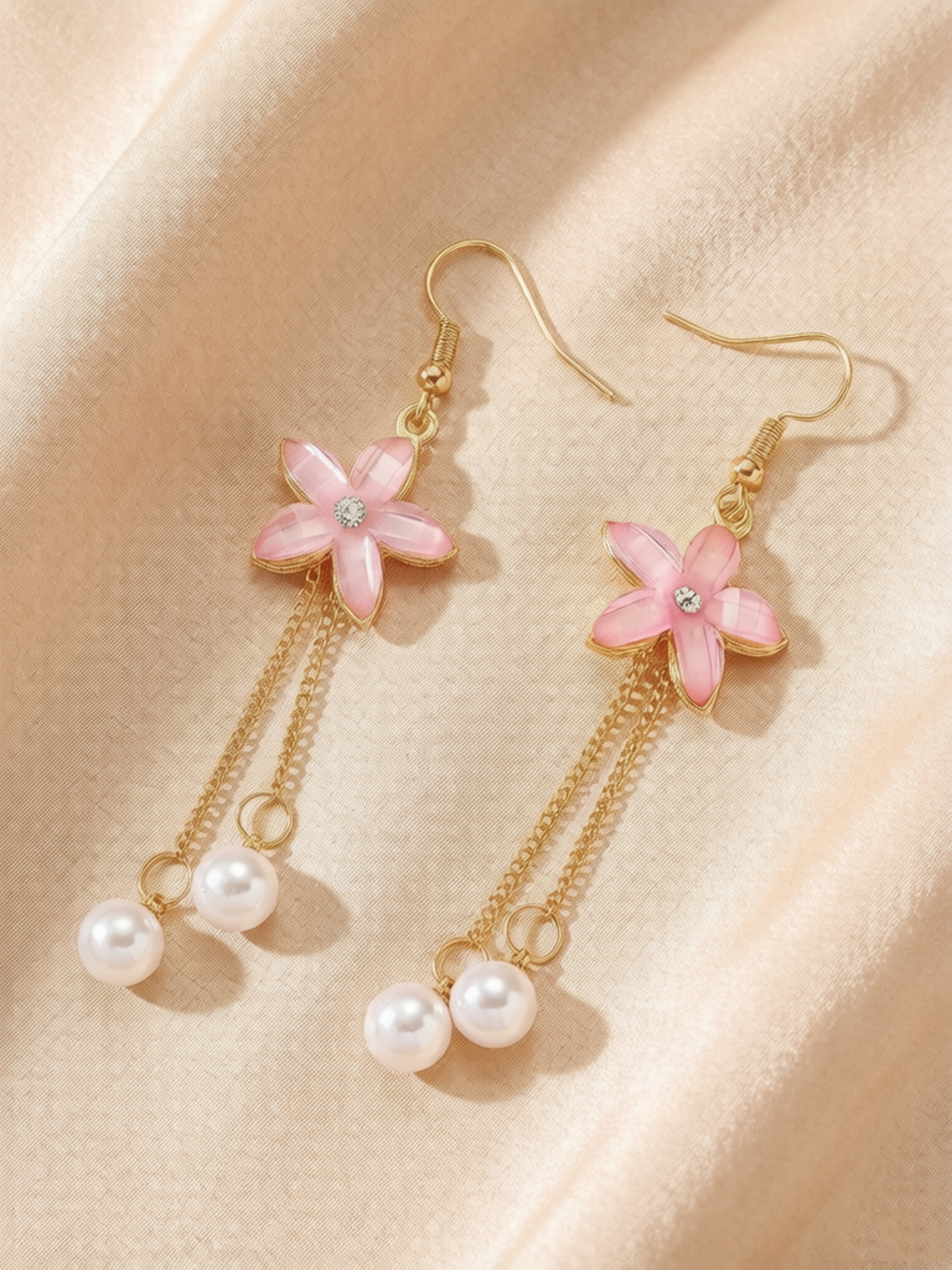 Pink Flower and Pearl Dangle Earrings for Everyday Wear.