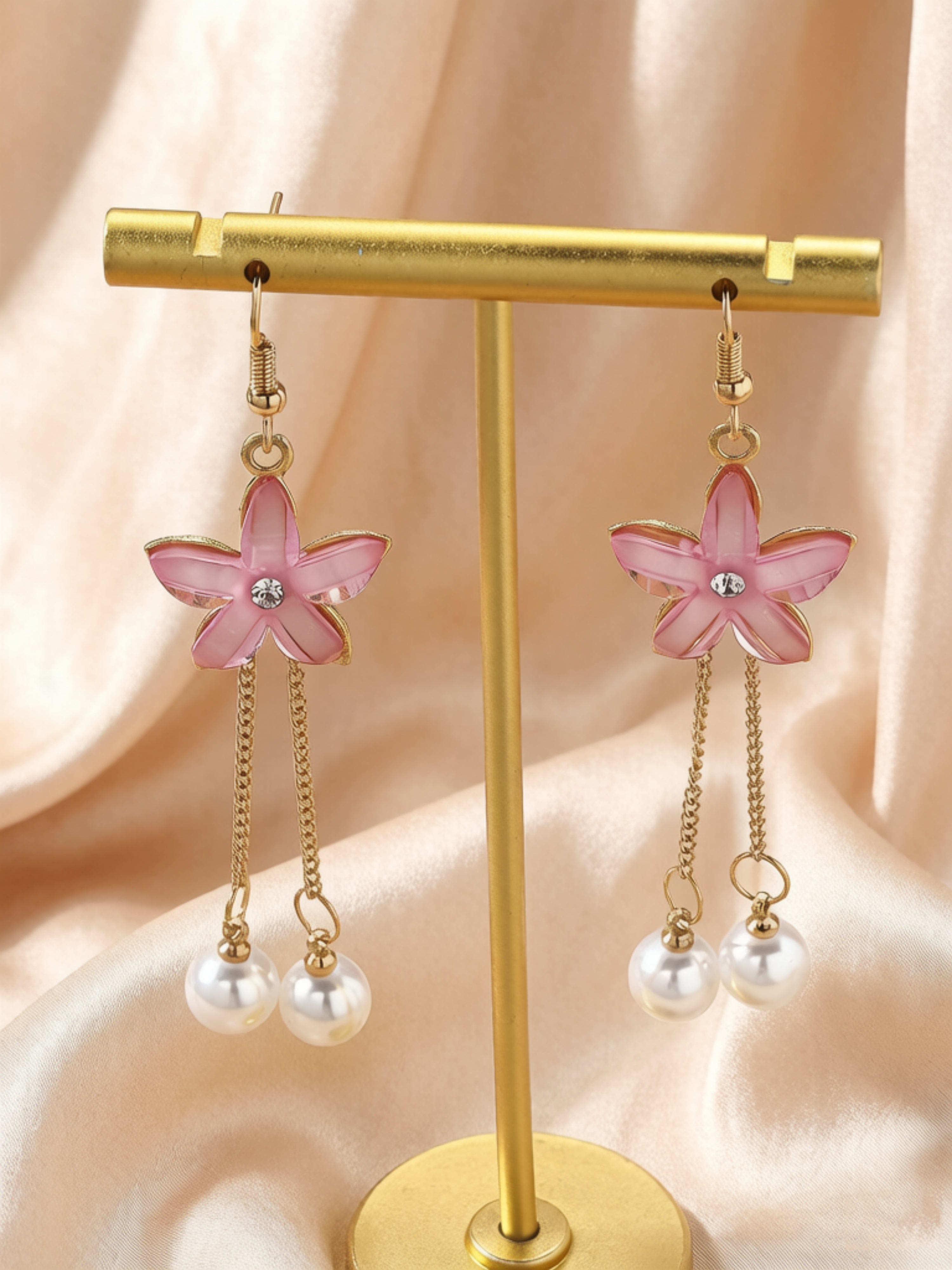 Pink Flower and Pearl Dangle Earrings for Everyday Wear.