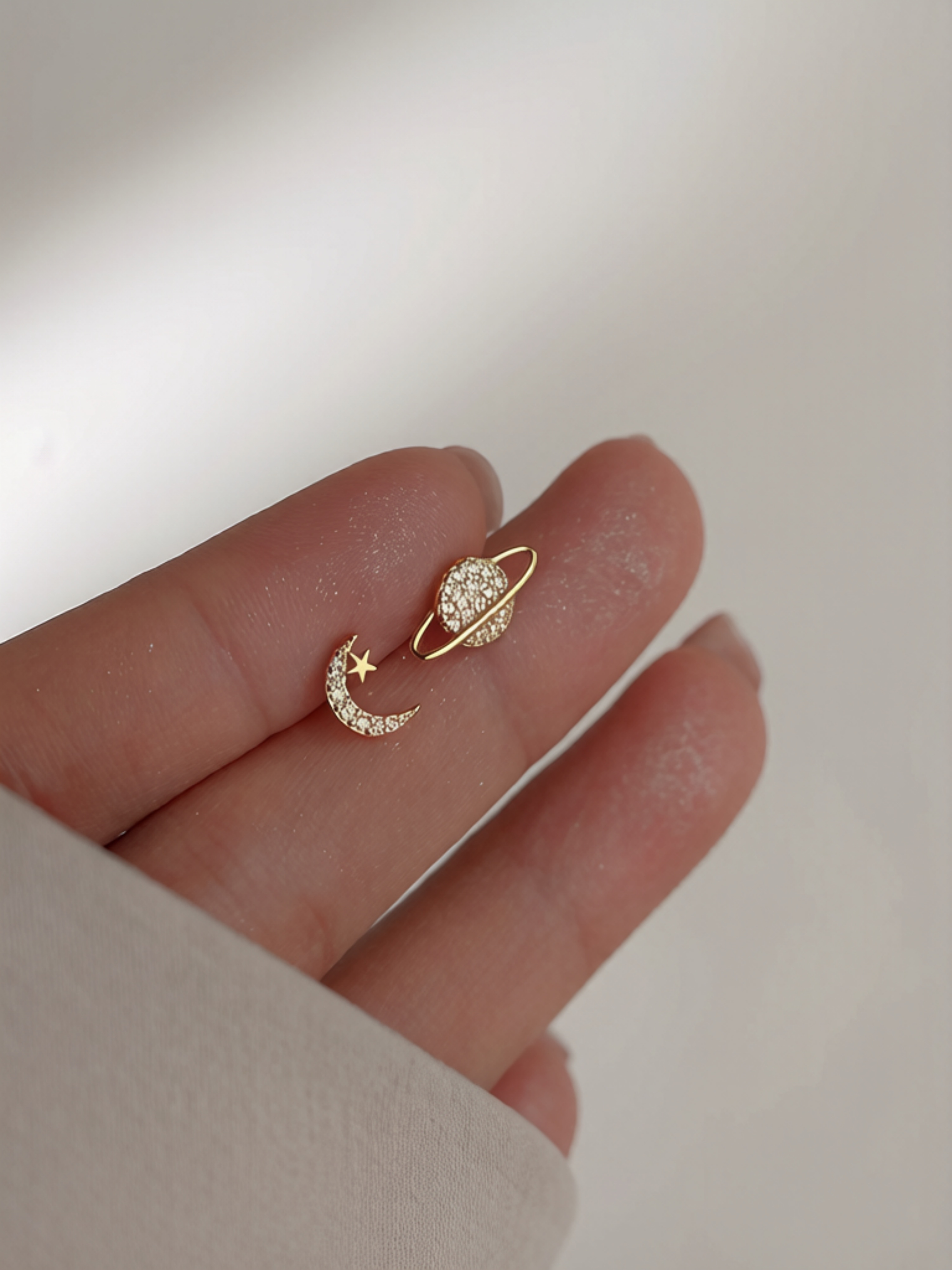 Gold Plated Moon and Planet Stud Earrings for Women.