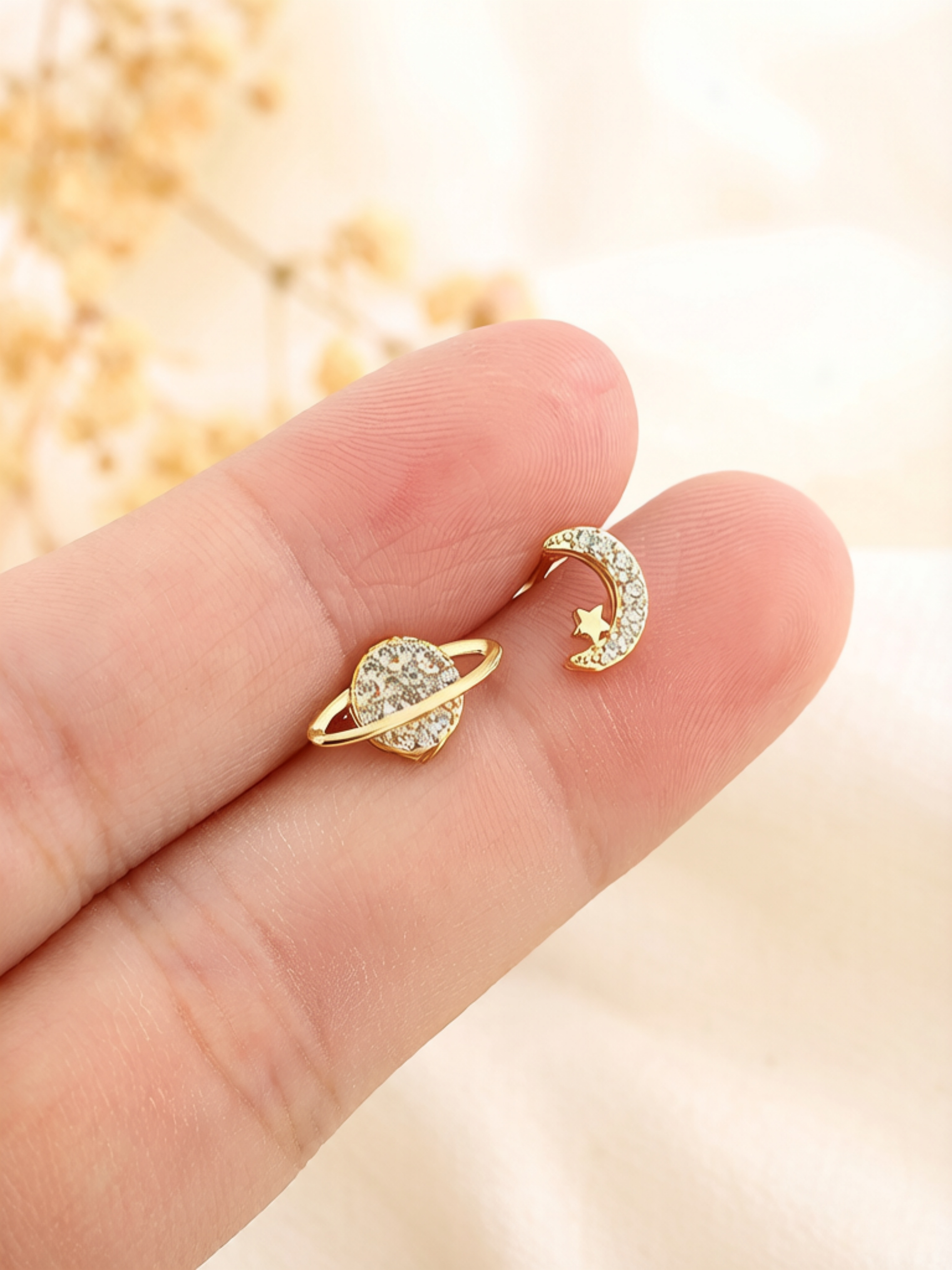 Gold Plated Moon and Planet Stud Earrings for Women.