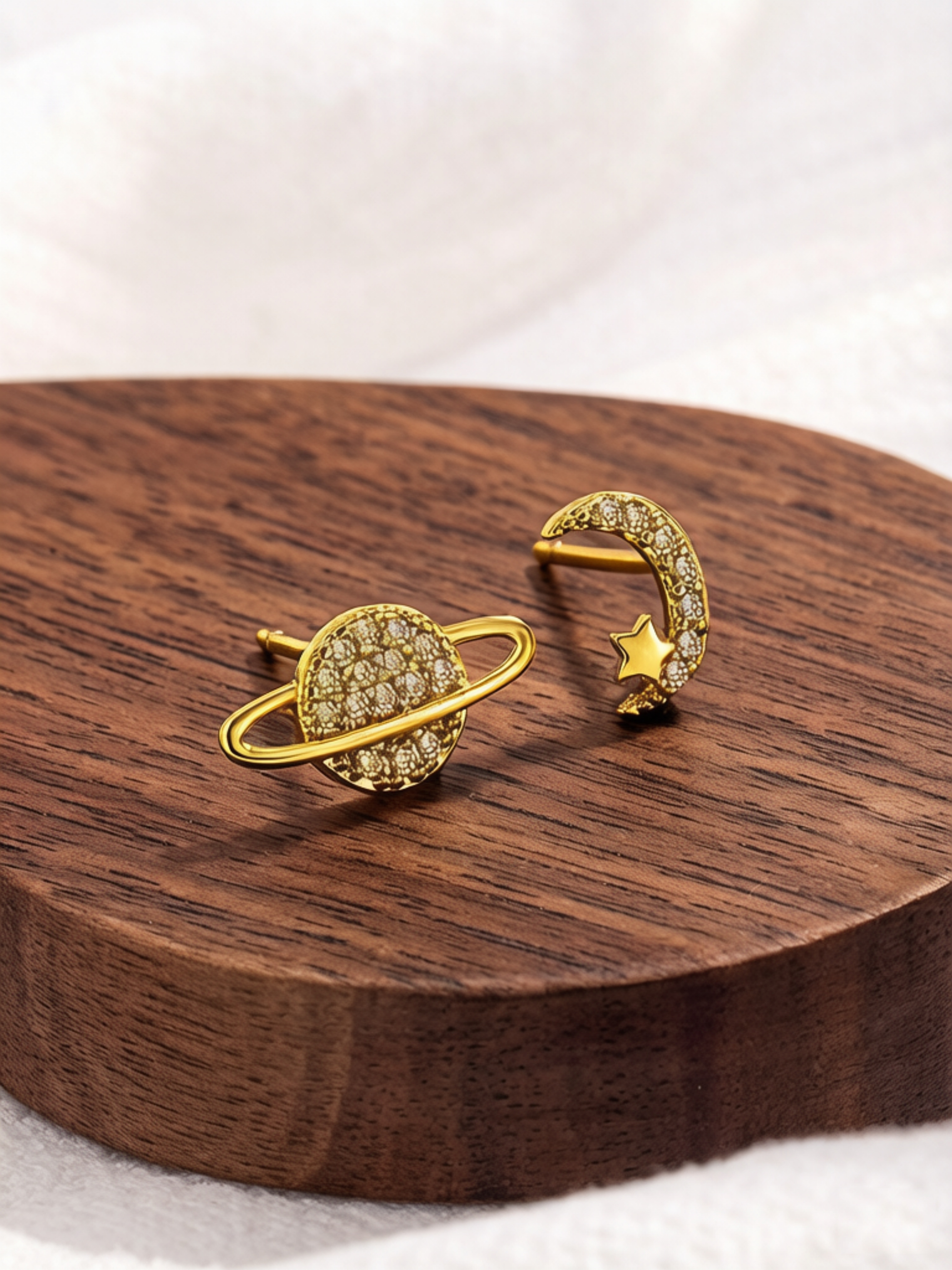Gold Plated Moon and Planet Stud Earrings for Women.