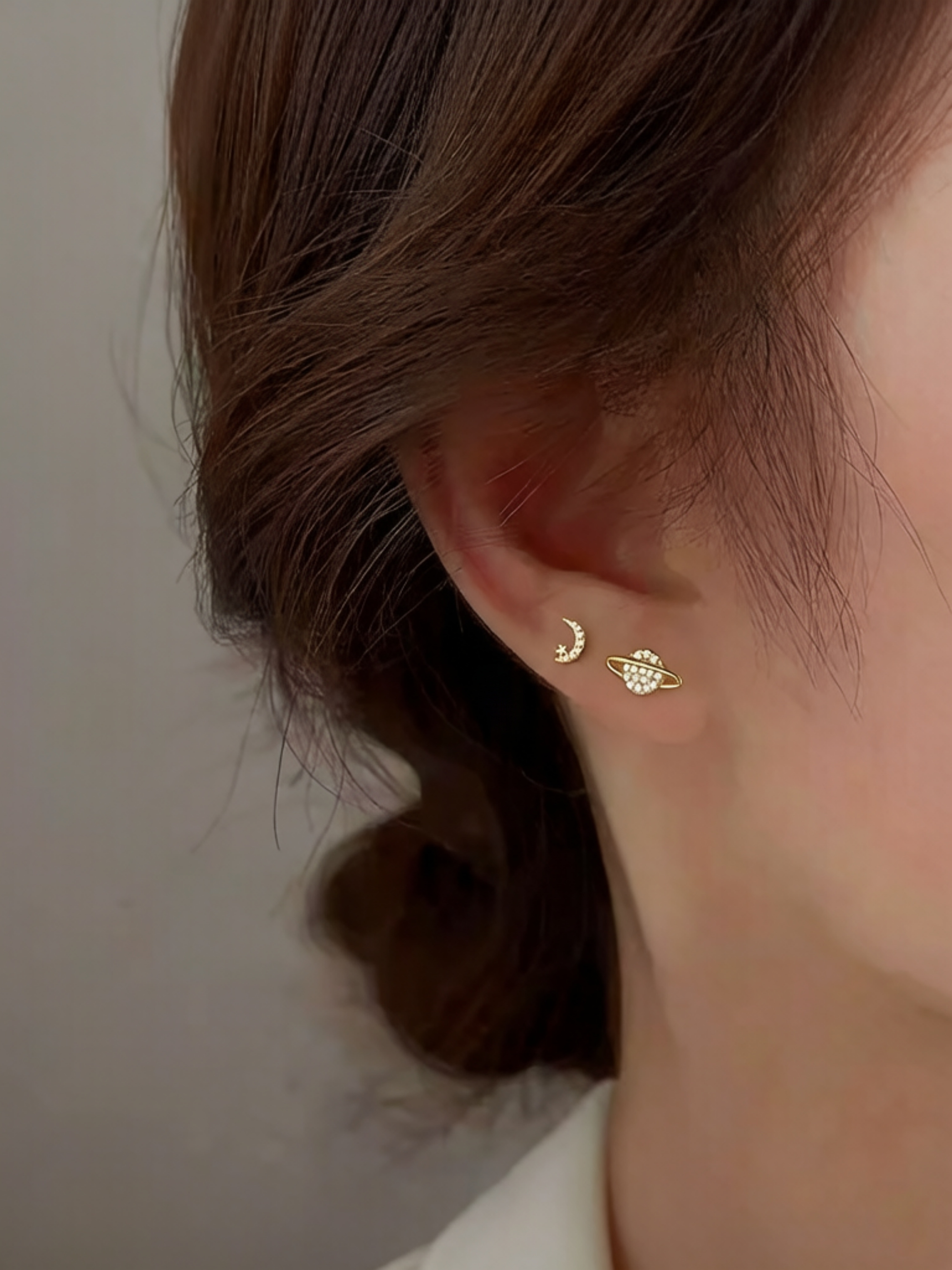 Gold Plated Moon and Planet Stud Earrings for Women.