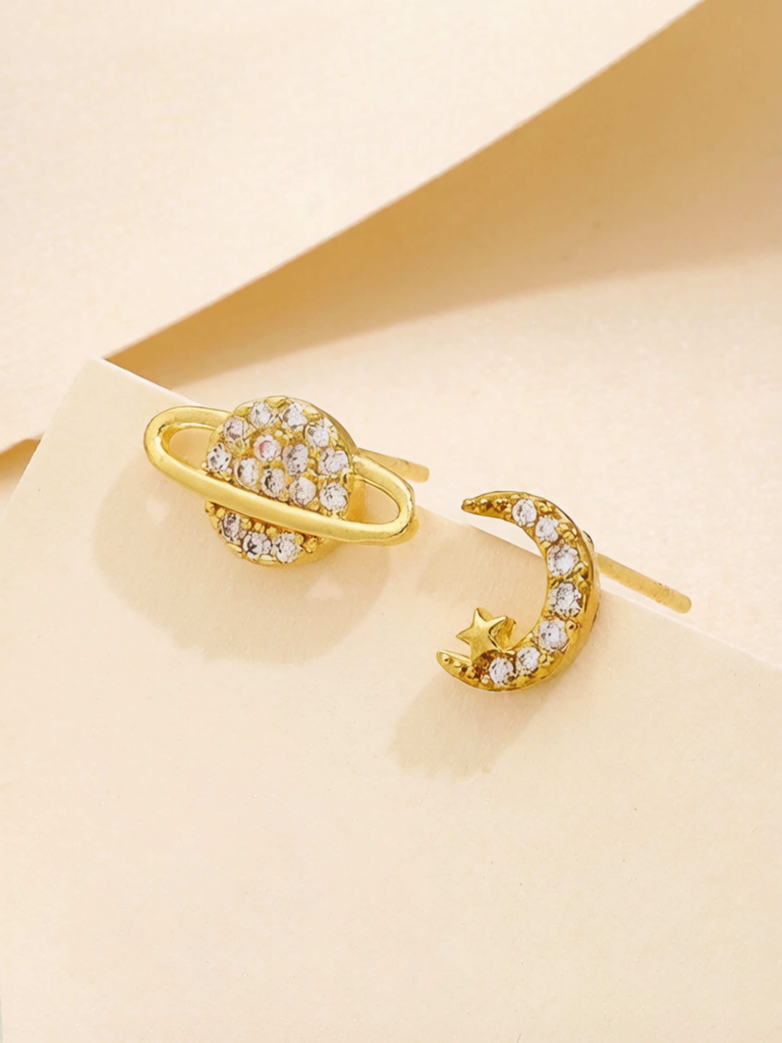 Gold Plated Moon and Planet Stud Earrings for Women.
