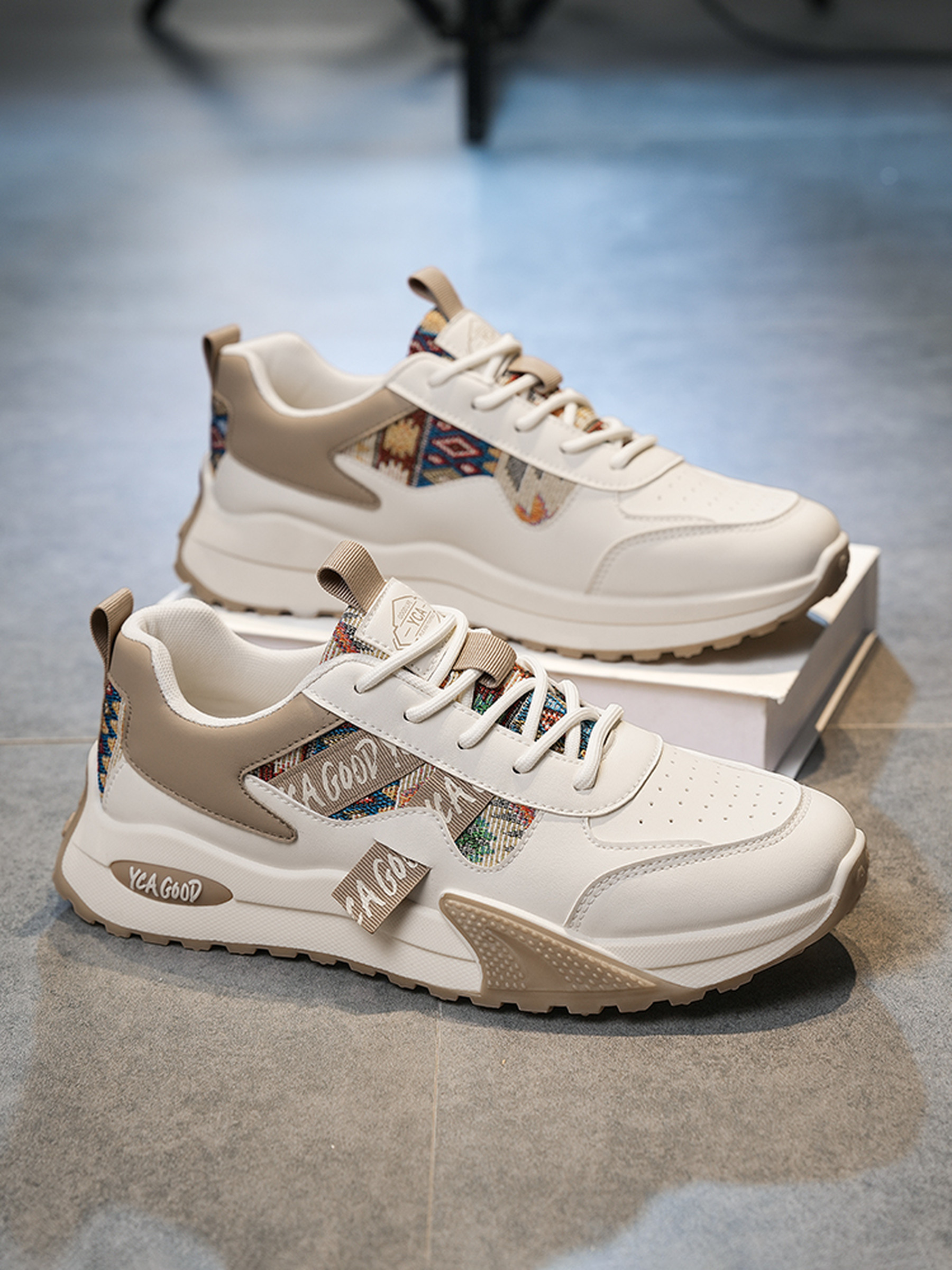 Khaki Casual Sneakers with Geometric Pattern