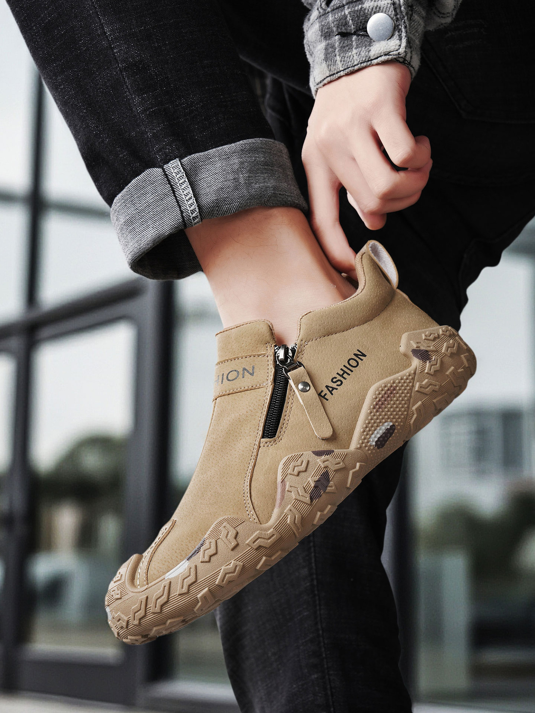 Khaki Slip-On Casual Shoes with Side Zipper