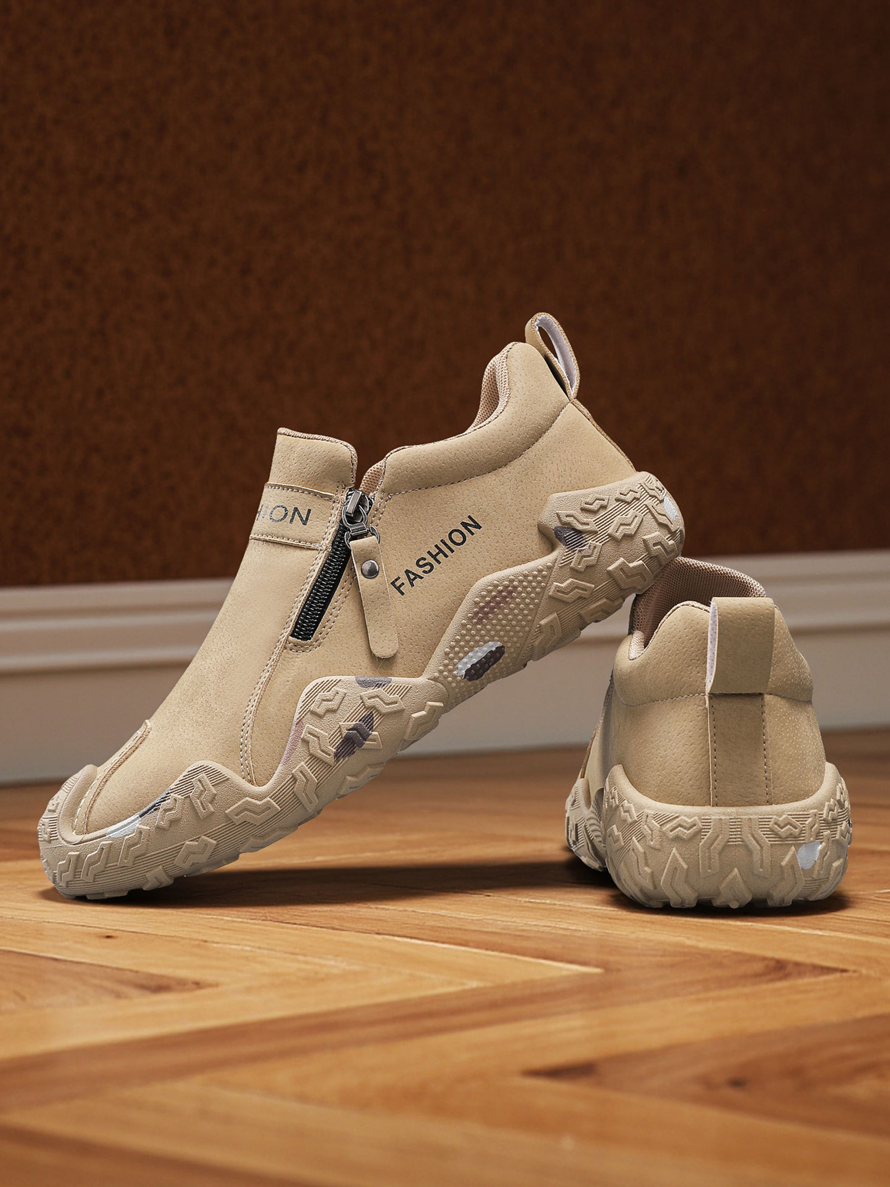 Khaki Slip-On Casual Shoes with Side Zipper