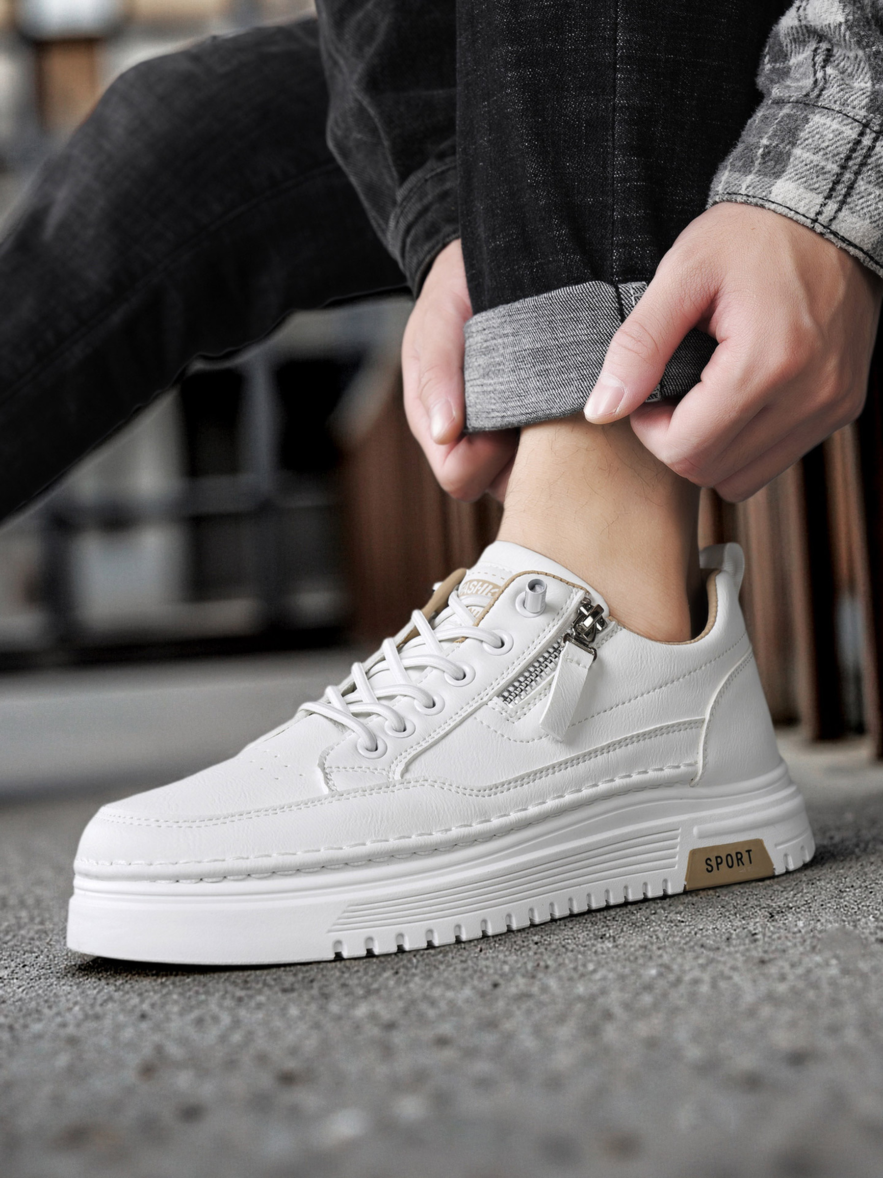 Men Khaki Casual Sneakers with Zipper Detail