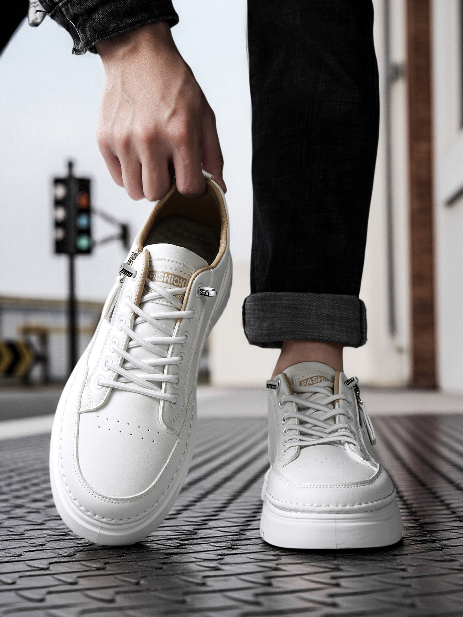 Men Khaki Casual Sneakers with Zipper Detail
