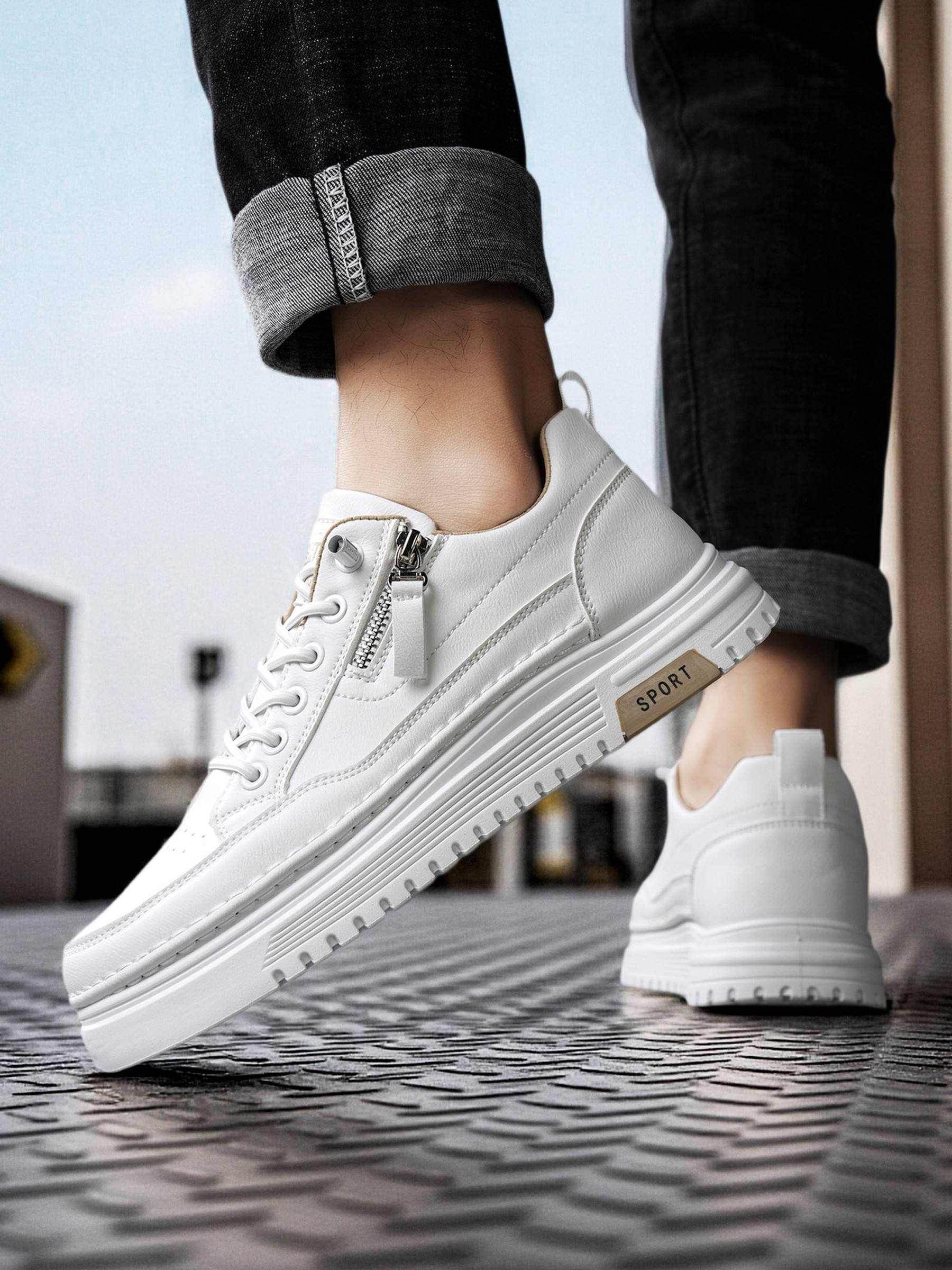 Men Khaki Casual Sneakers with Zipper Detail