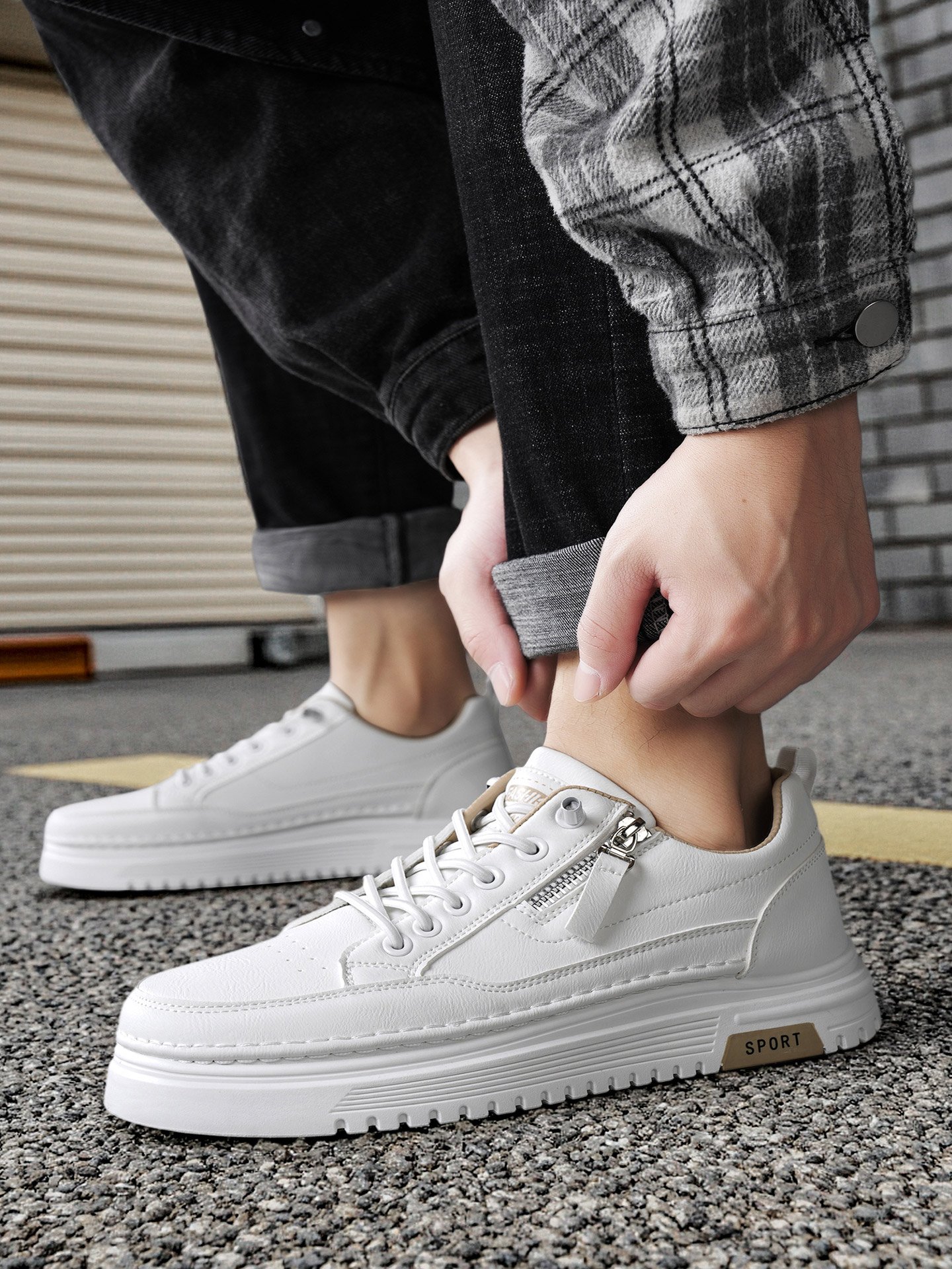 Men Khaki Casual Sneakers with Zipper Detail