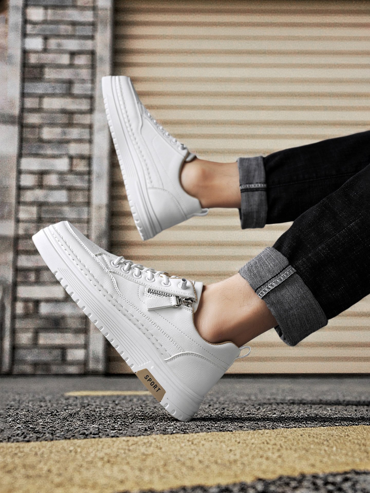 Men Khaki Casual Sneakers with Zipper Detail