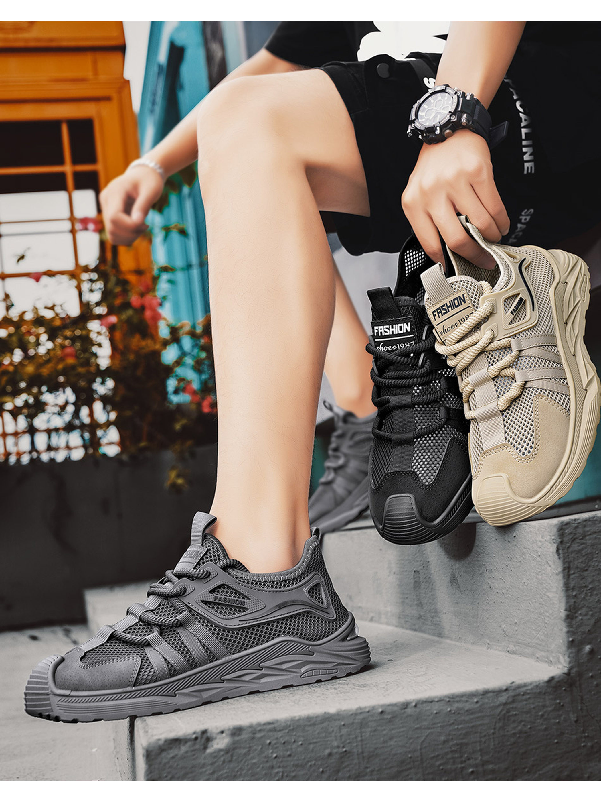 Men PU Textile Chunky Lace-Up Sneakers