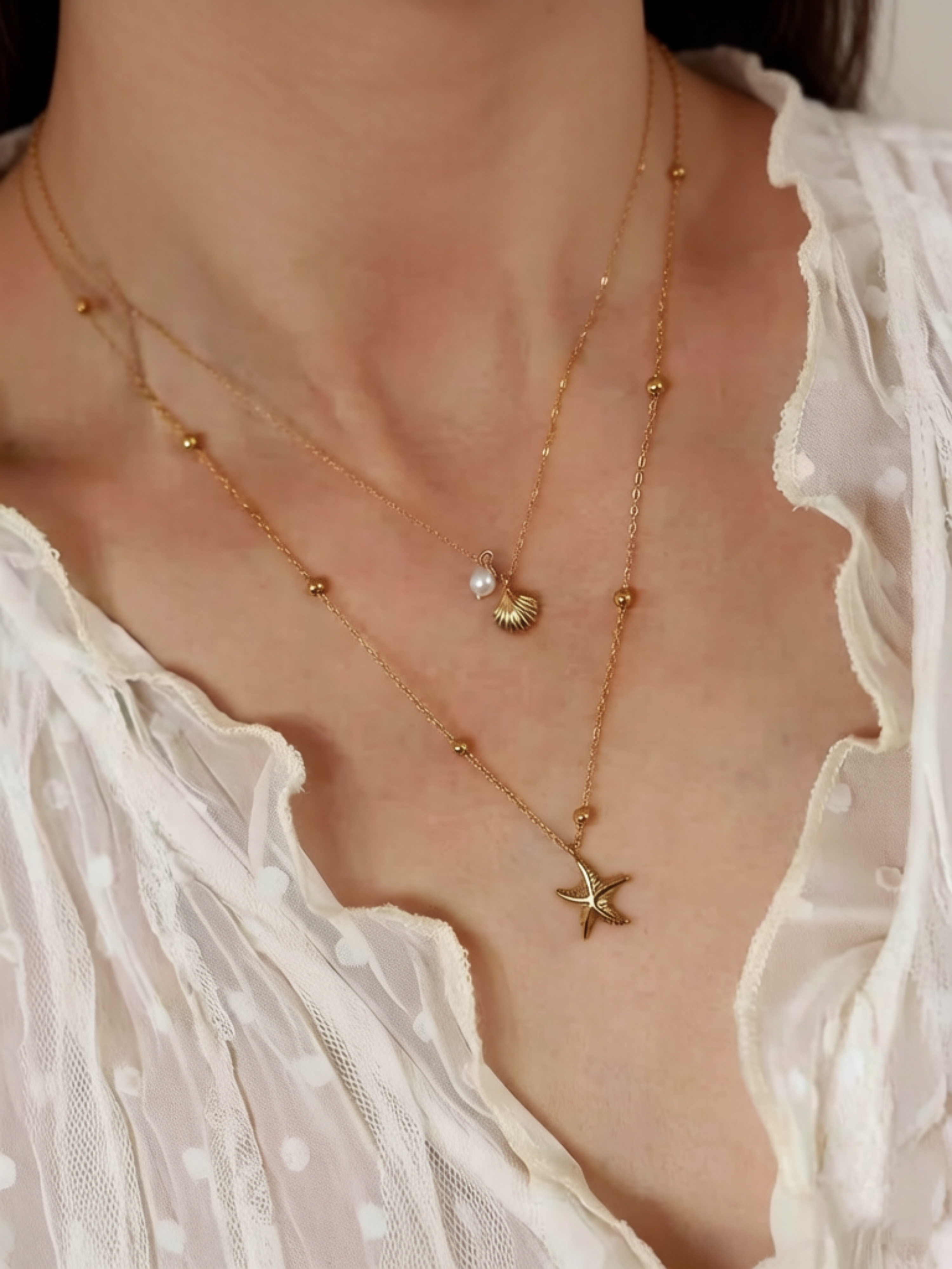 Gold Layered Necklace Set with Pearl and Shell Charms