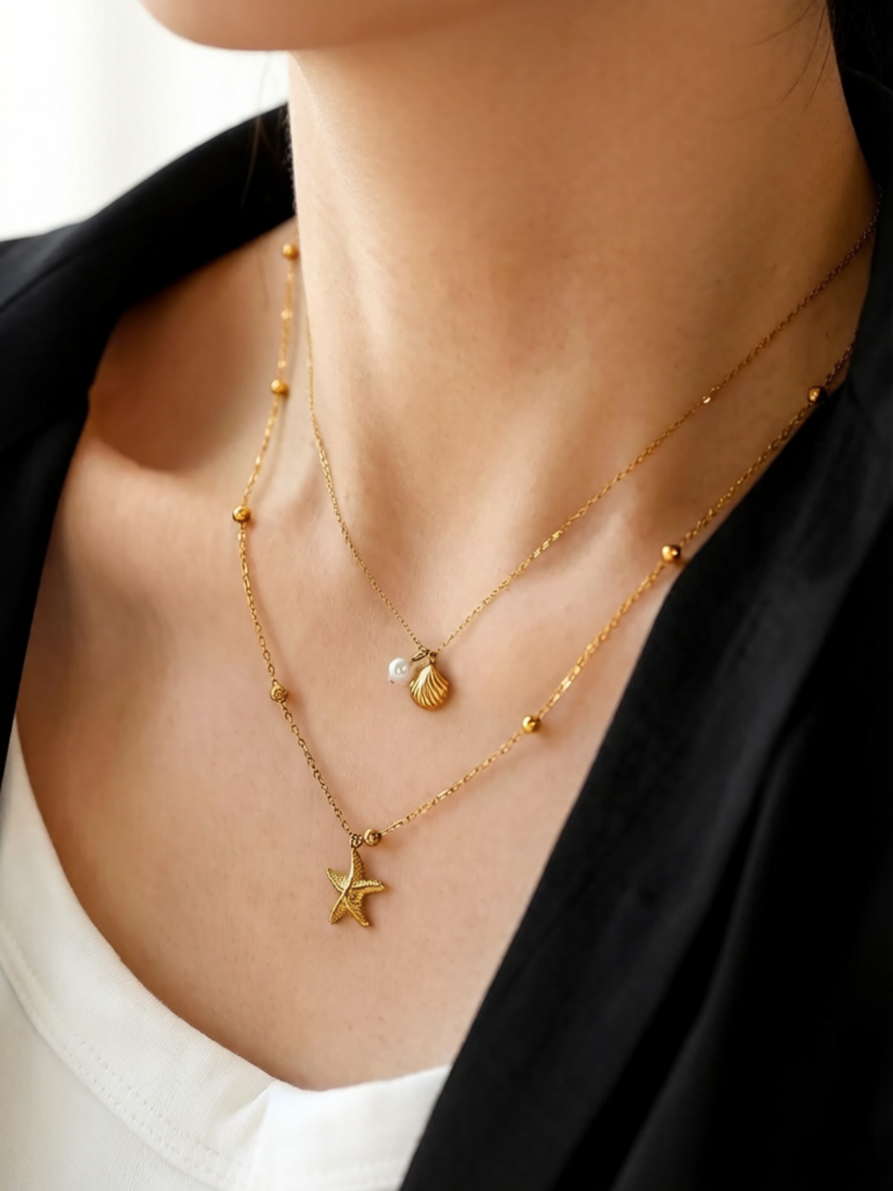 Gold Layered Necklace Set with Pearl and Shell Charms