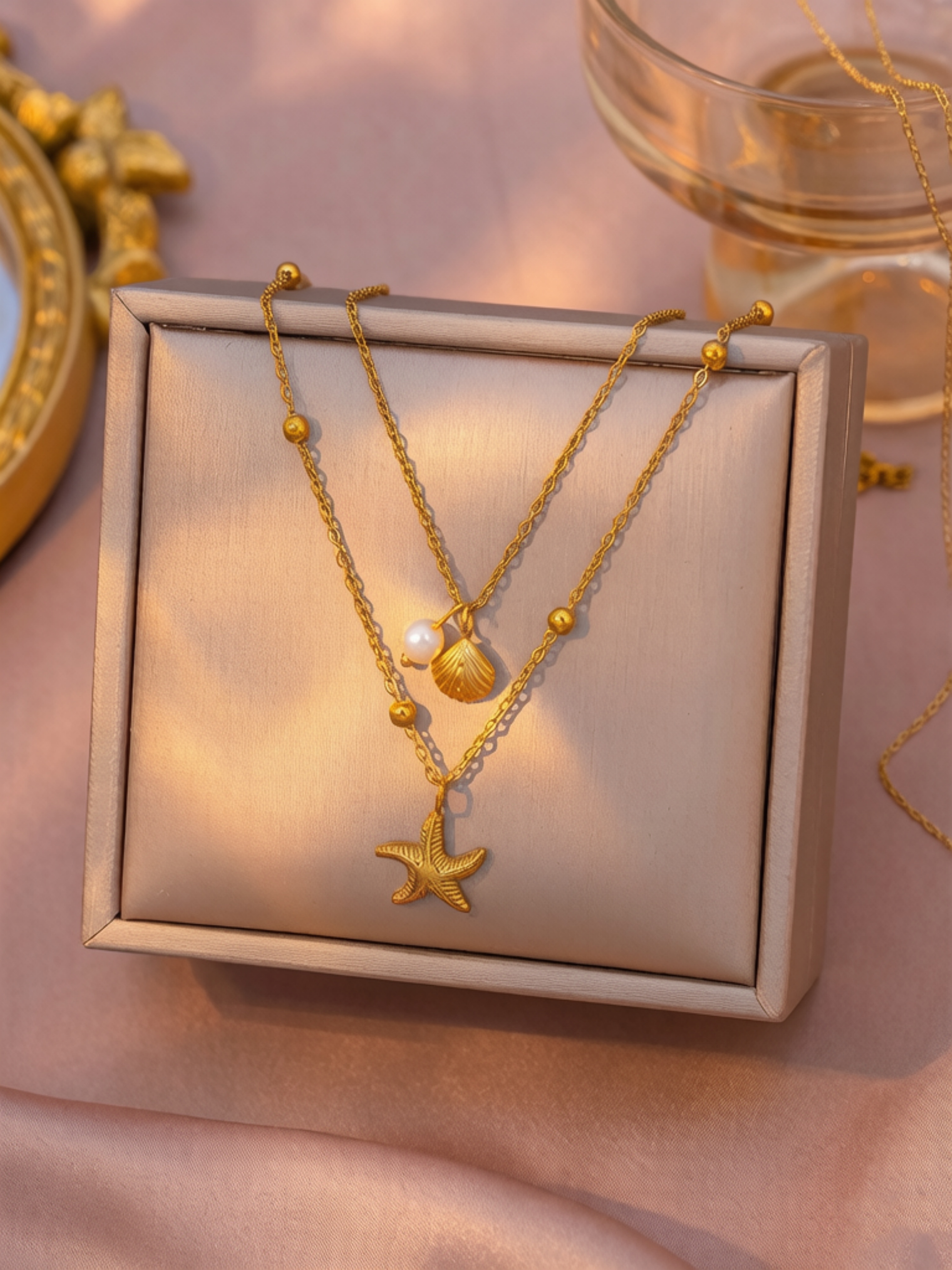Gold Layered Necklace Set with Pearl and Shell Charms