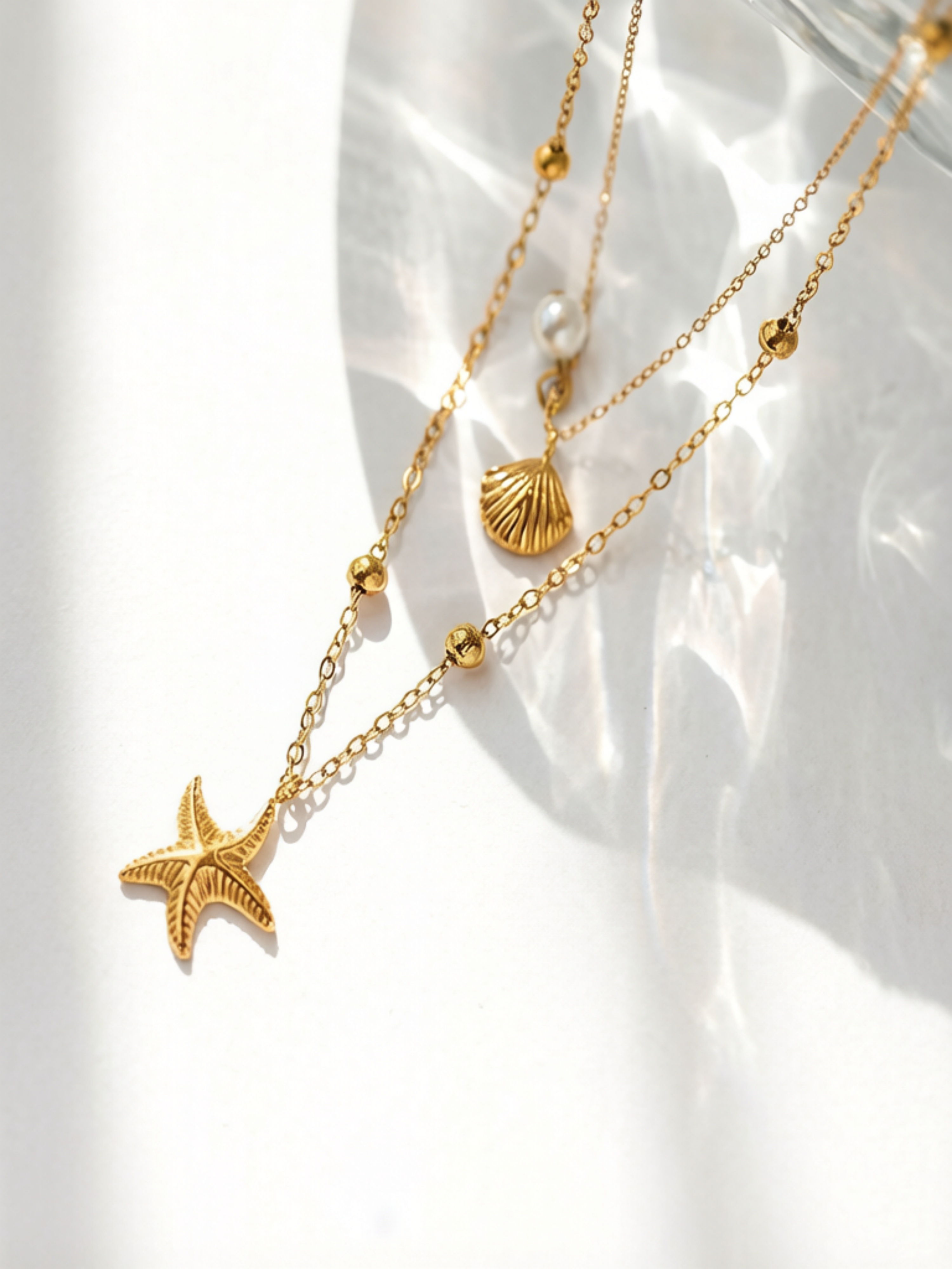 Gold Layered Necklace Set with Pearl and Shell Charms