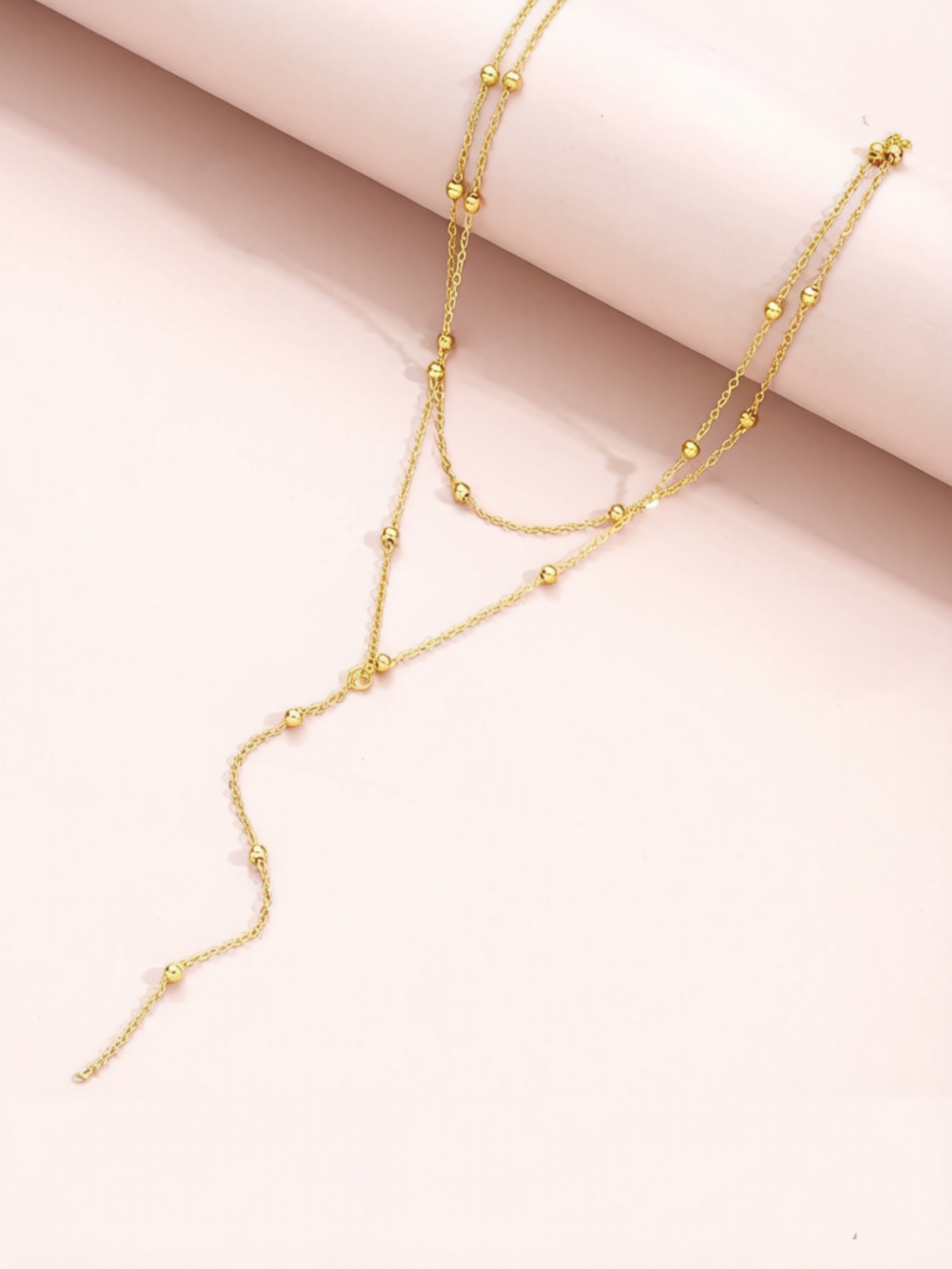Gold Beaded Layered Y-Lariat Necklace