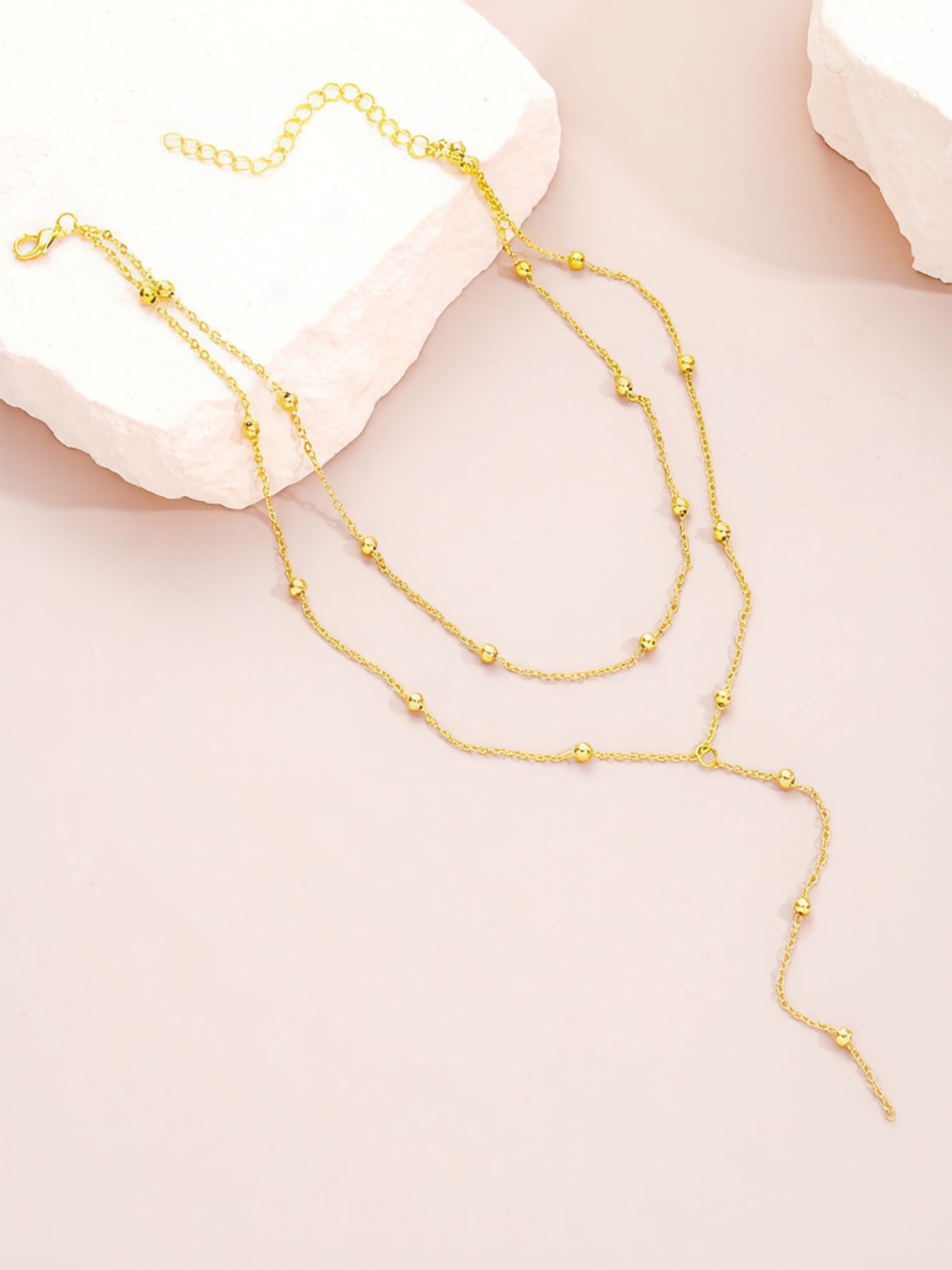 Gold Beaded Layered Y-Lariat Necklace