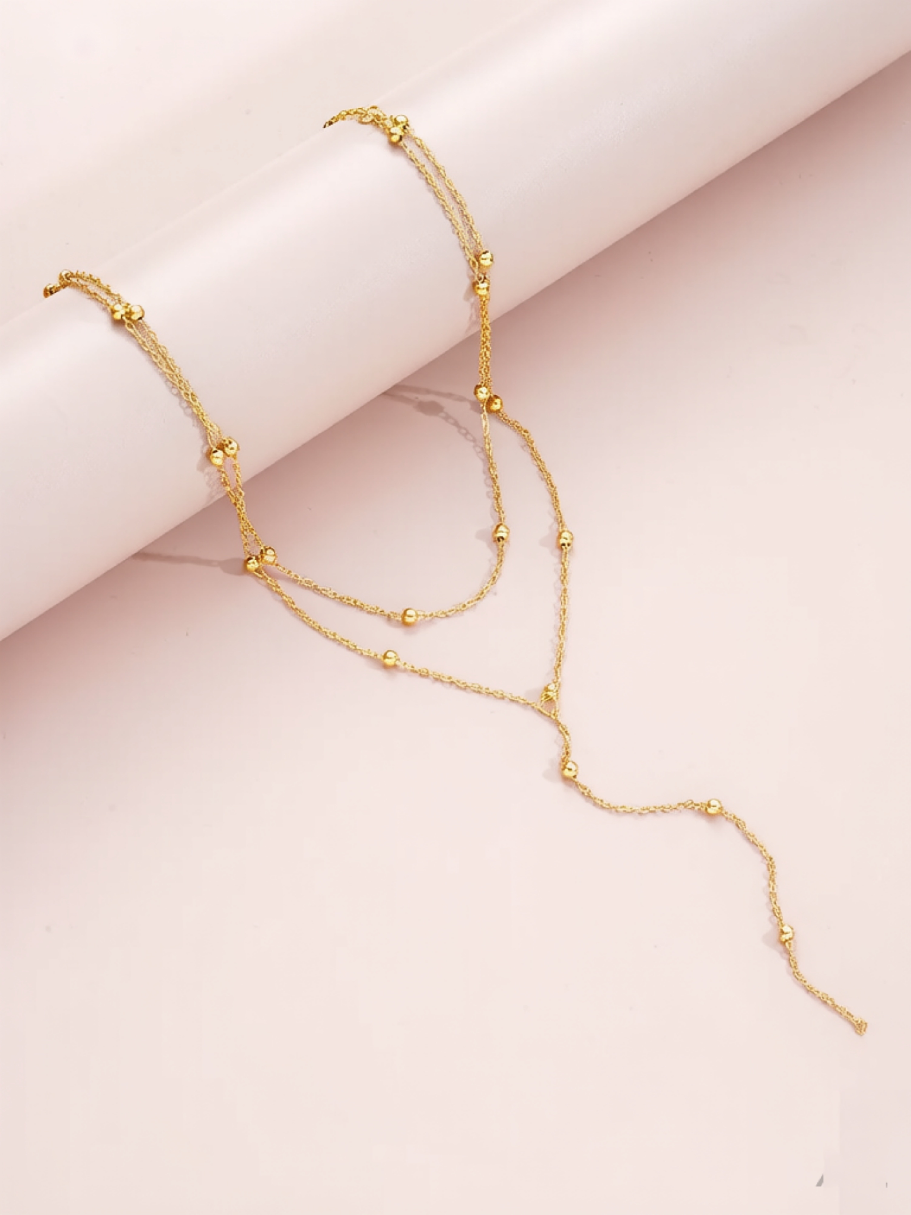 Gold Beaded Layered Y-Lariat Necklace