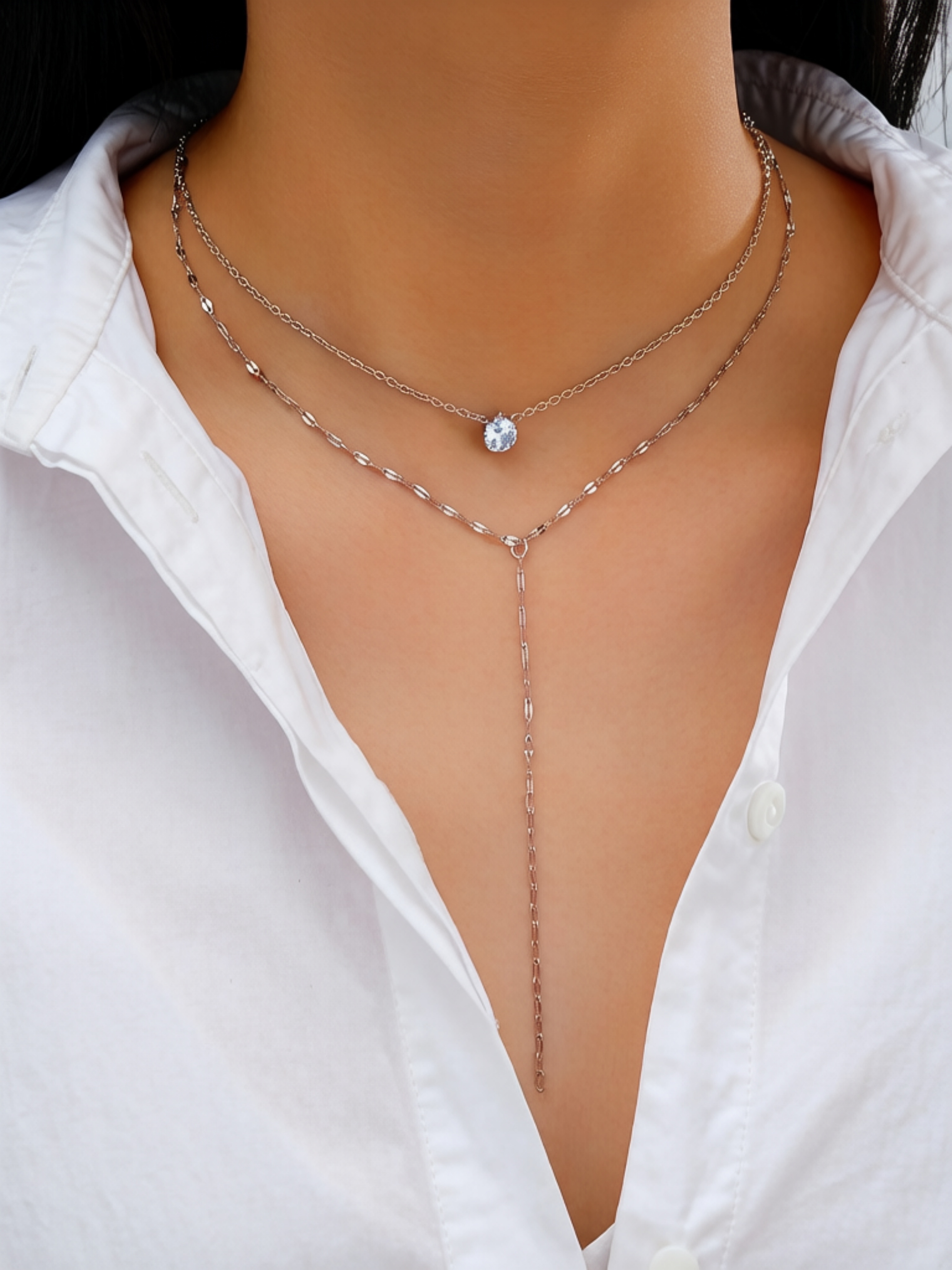 Silver Layered Y-Necklace with Dainty Solitaire Charm