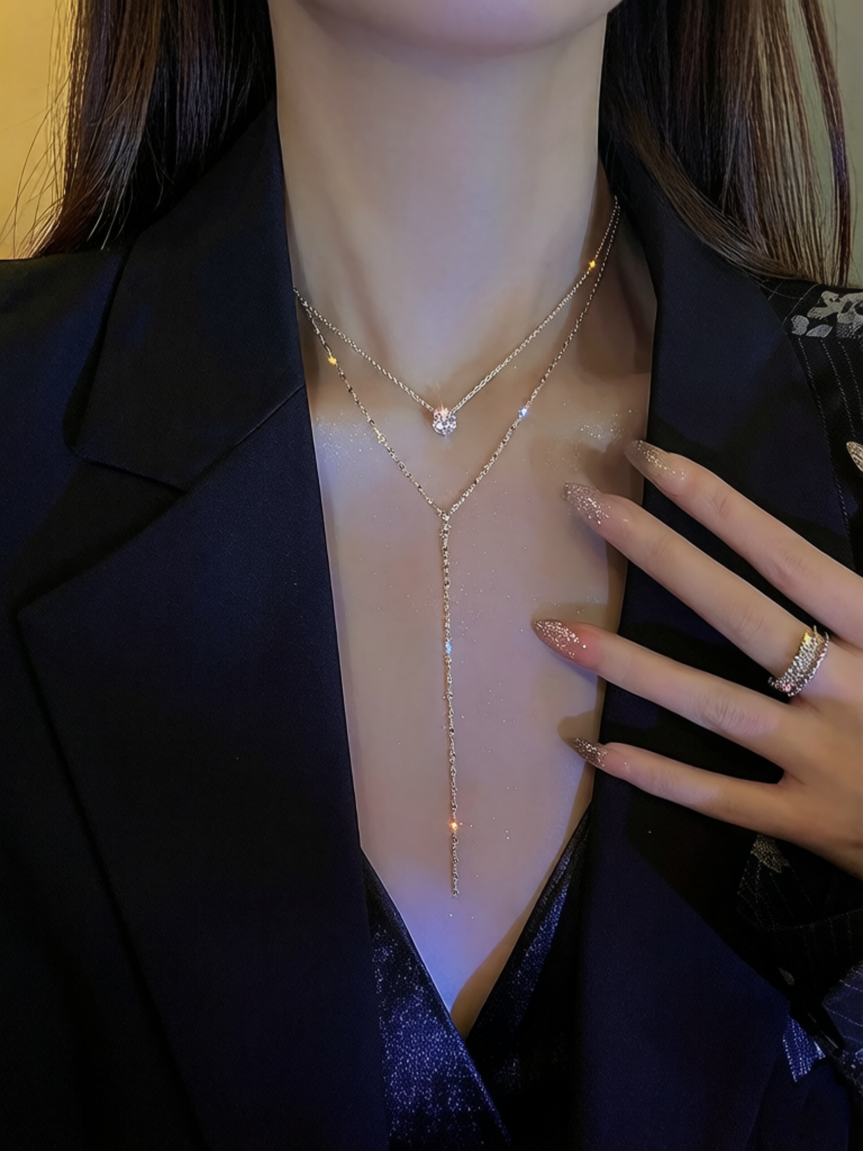 Silver Layered Y-Necklace with Dainty Solitaire Charm