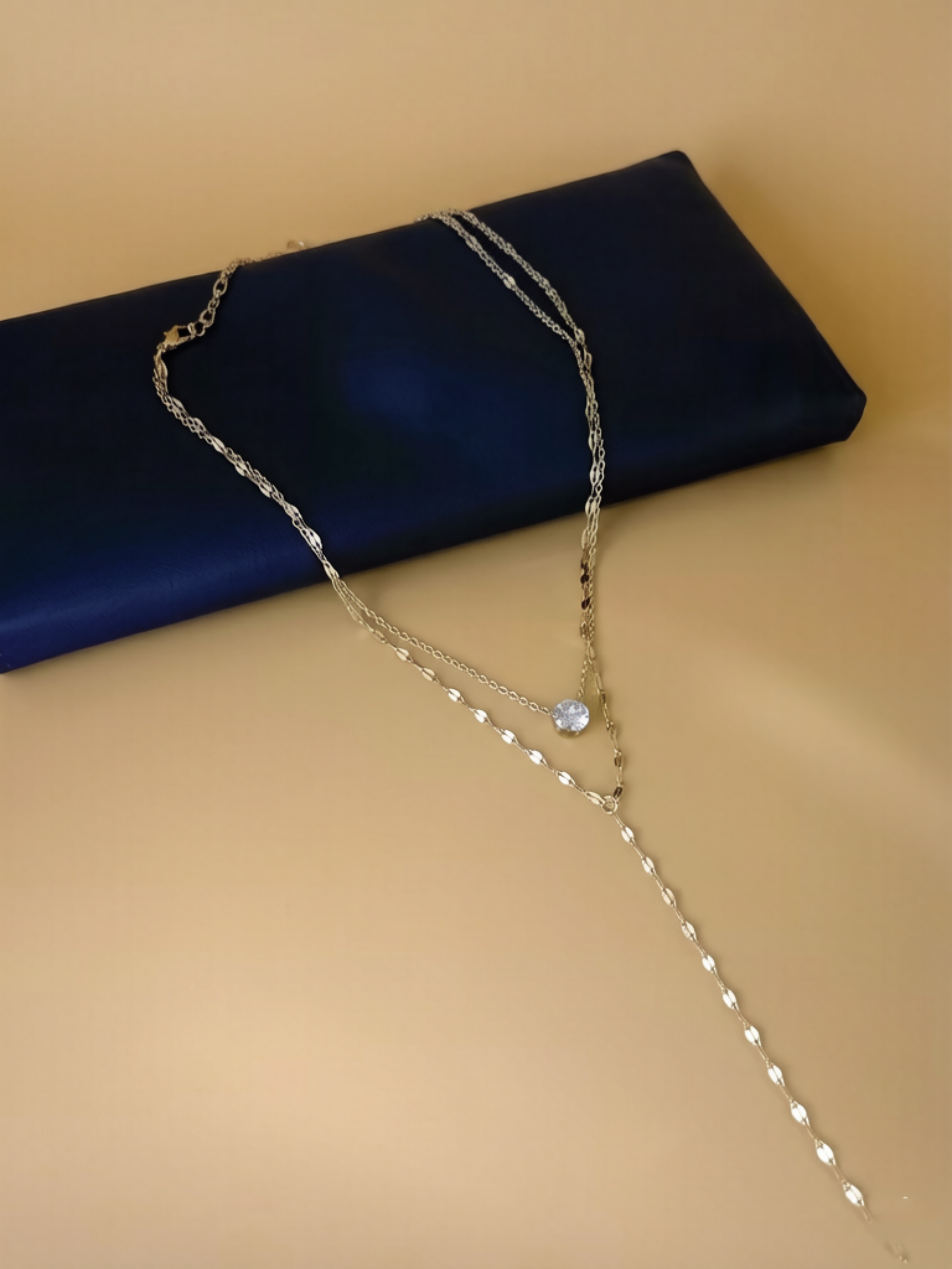 Silver Layered Y-Necklace with Dainty Solitaire Charm