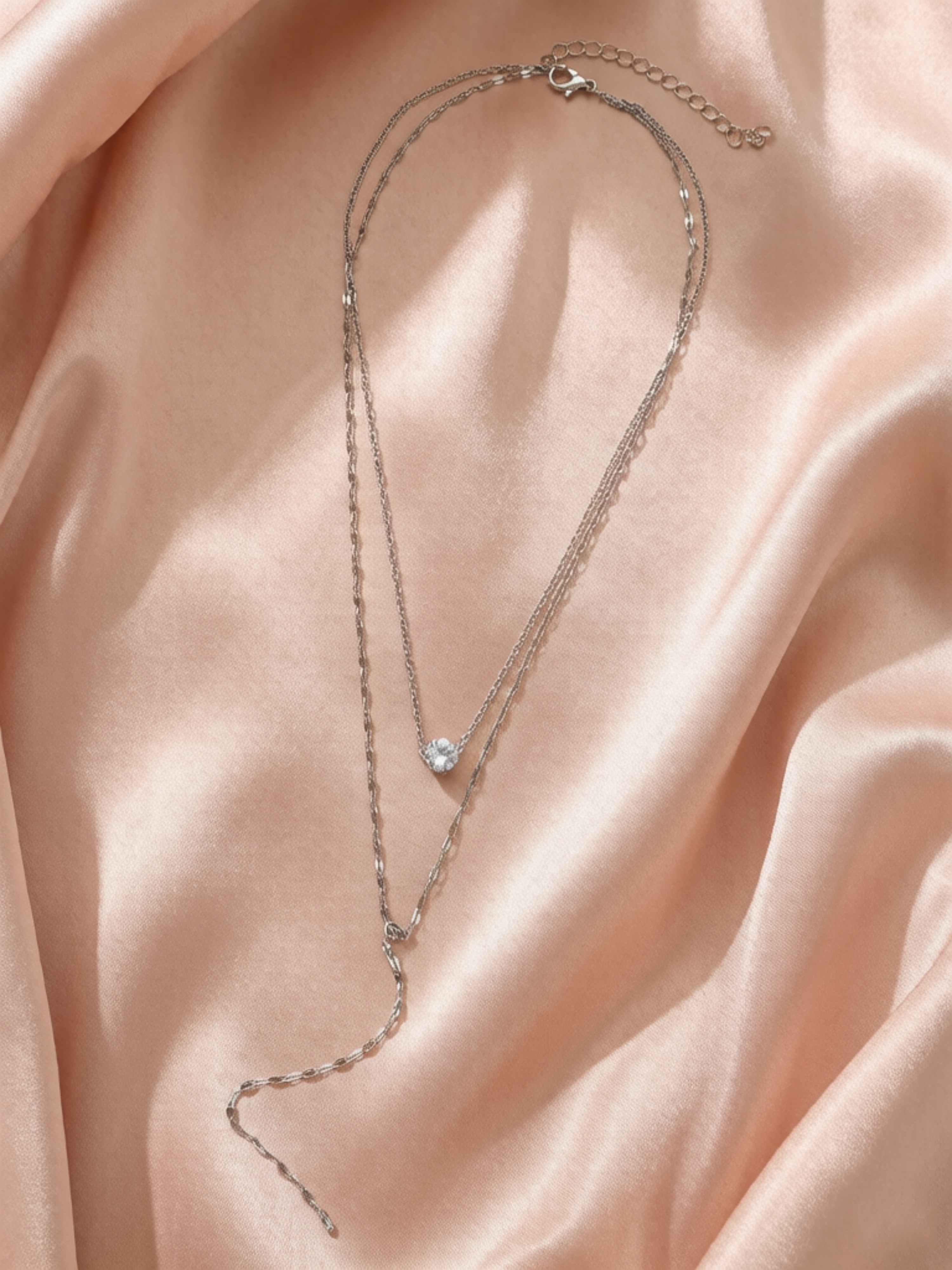 Silver Layered Y-Necklace with Dainty Solitaire Charm