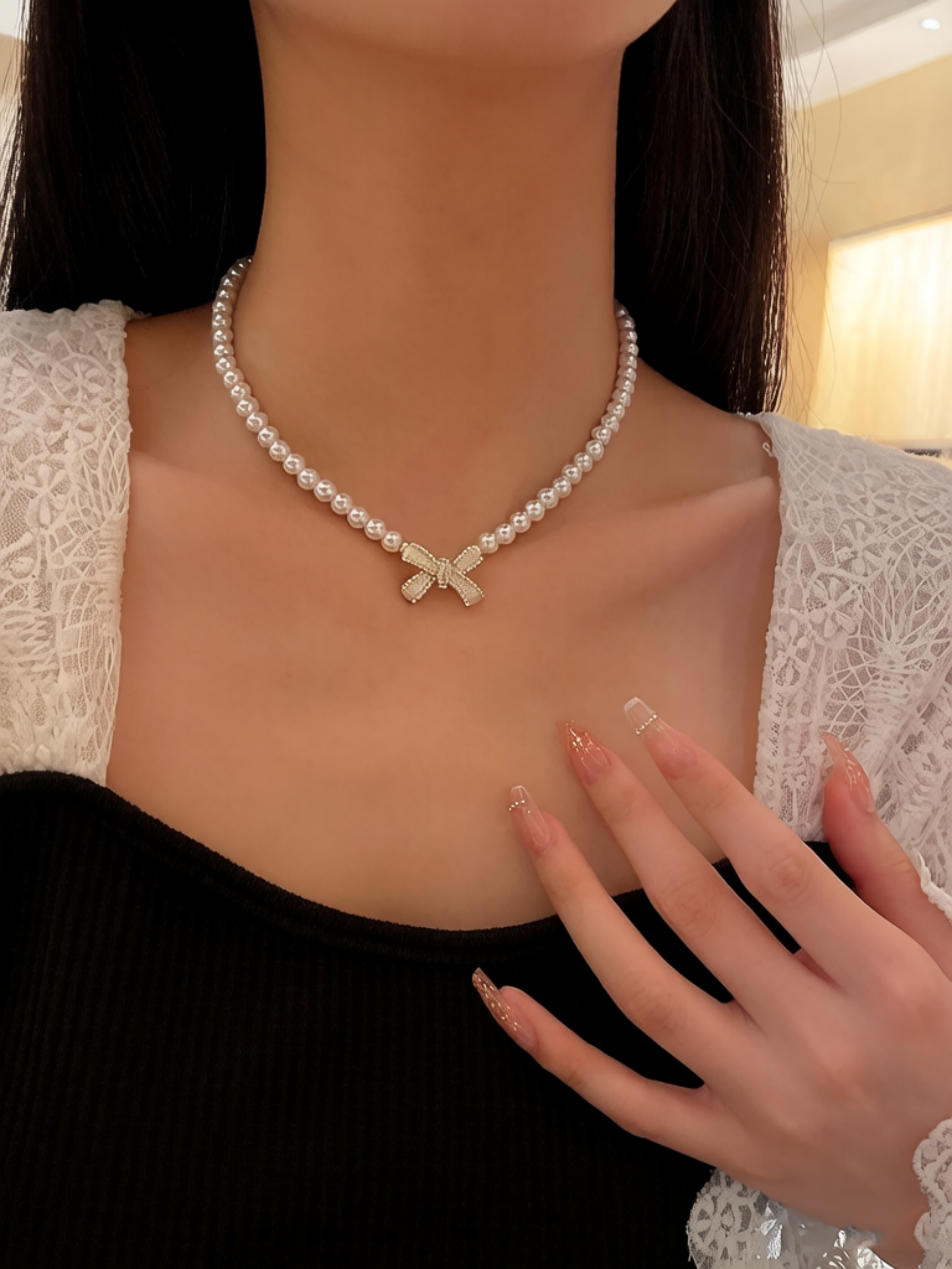 Gold Bow Pearl Pendant Necklace