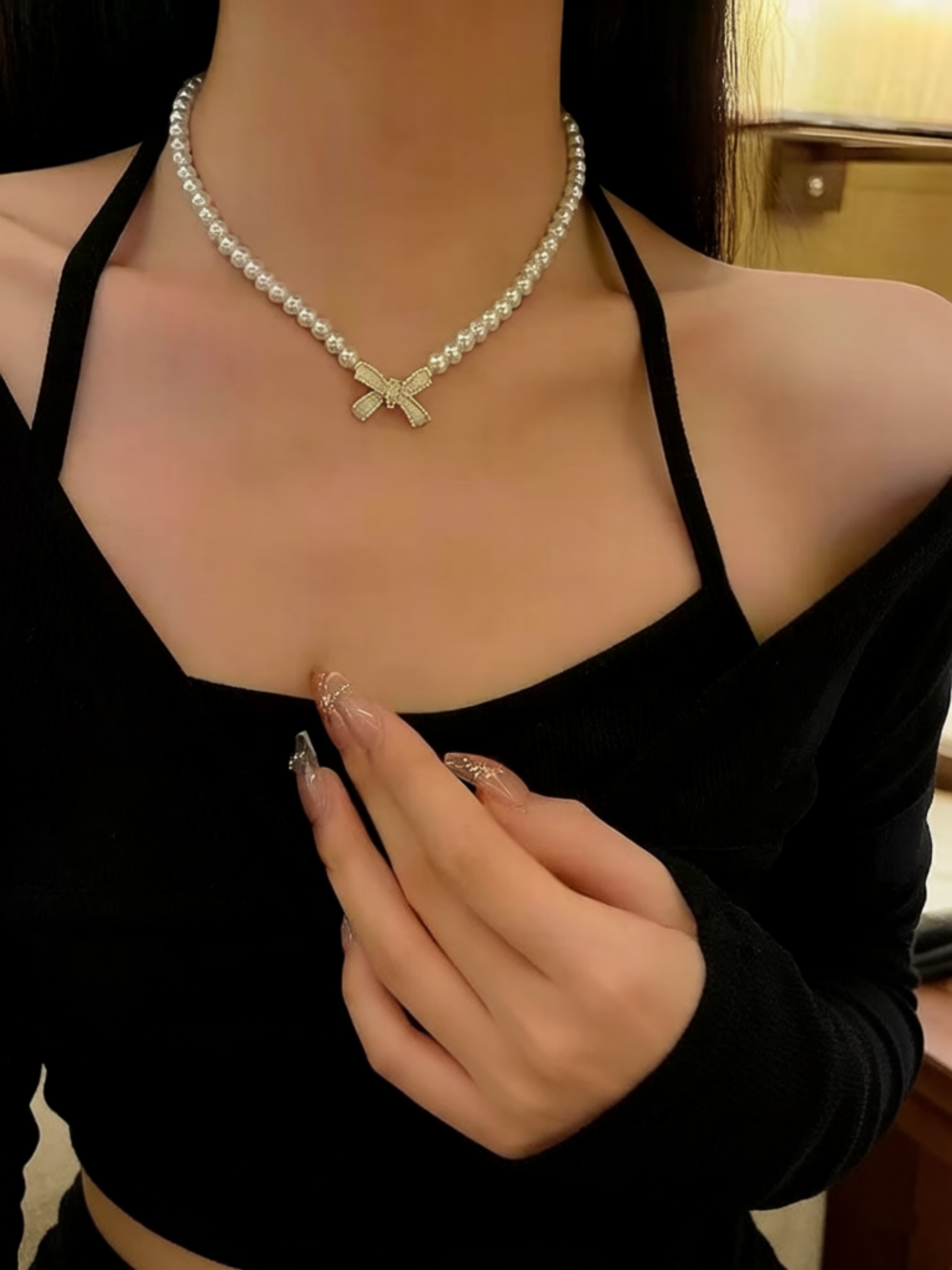 Gold Bow Pearl Pendant Necklace