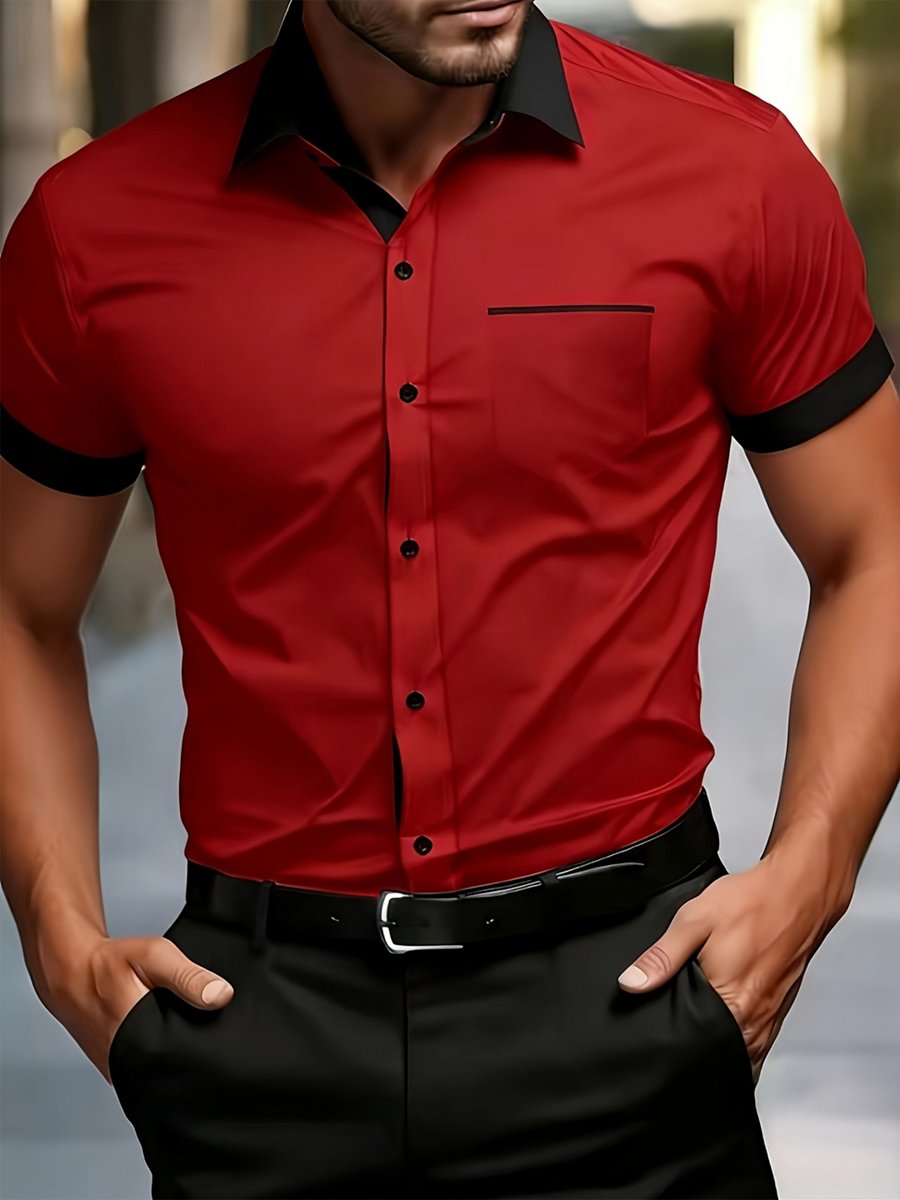 Red Plain Spread Collar Short Sleeve Shirt