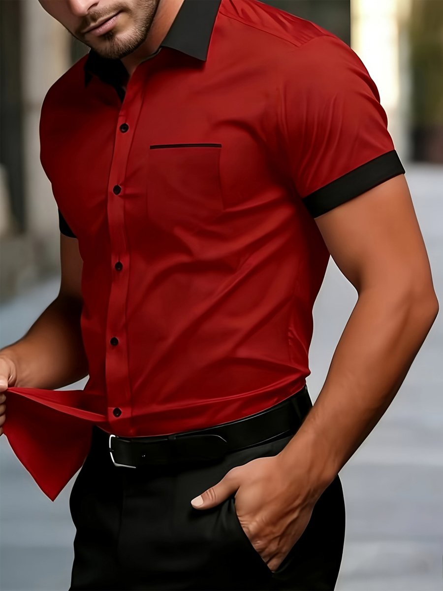 Red Plain Spread Collar Short Sleeve Shirt
