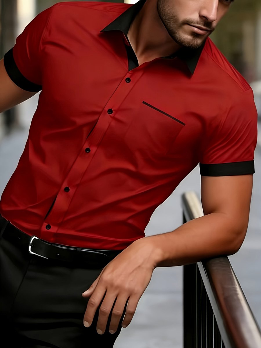 Red Plain Spread Collar Short Sleeve Shirt