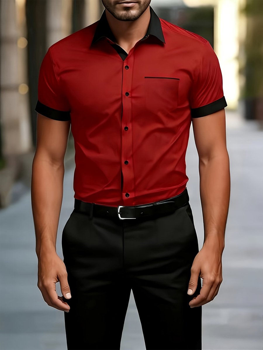 Red Plain Spread Collar Short Sleeve Shirt