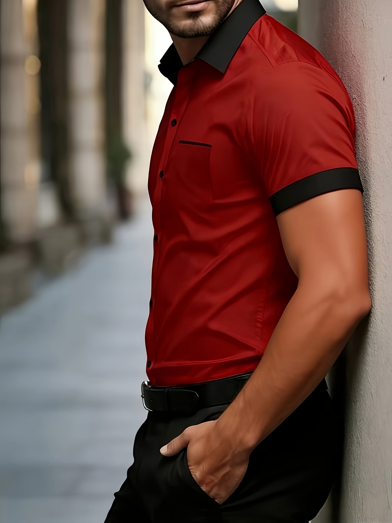 Red Plain Spread Collar Short Sleeve Shirt