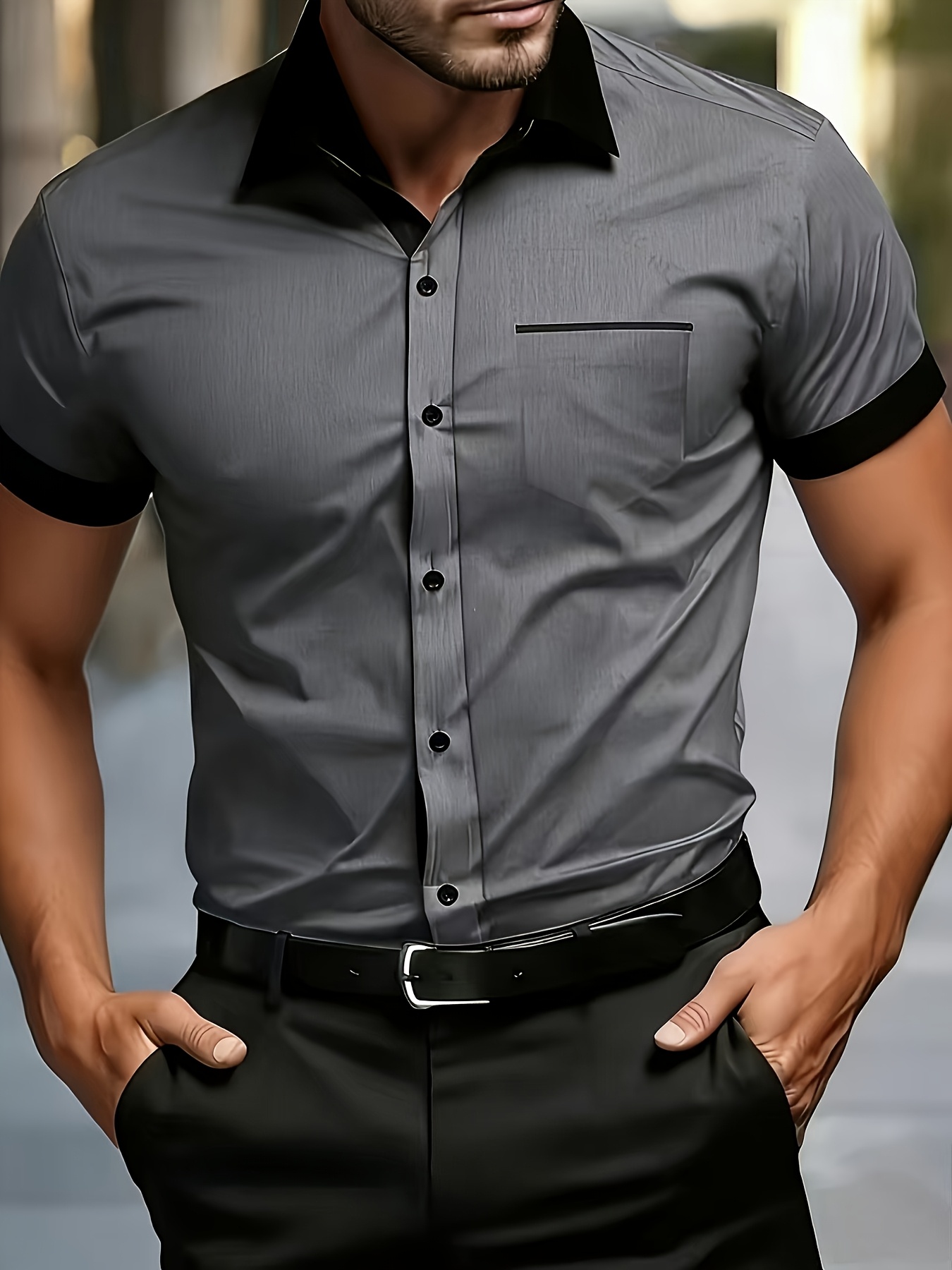 Grey Plain Spread Collar Short Sleeve Shirt