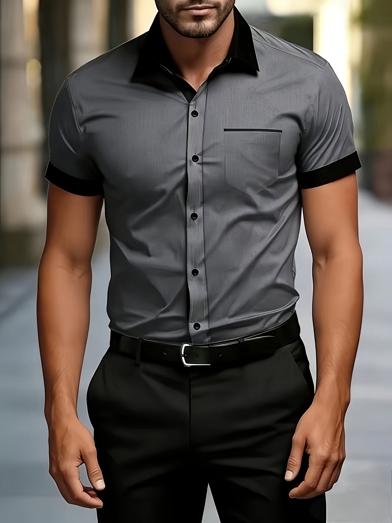 Grey Plain Spread Collar Short Sleeve Shirt
